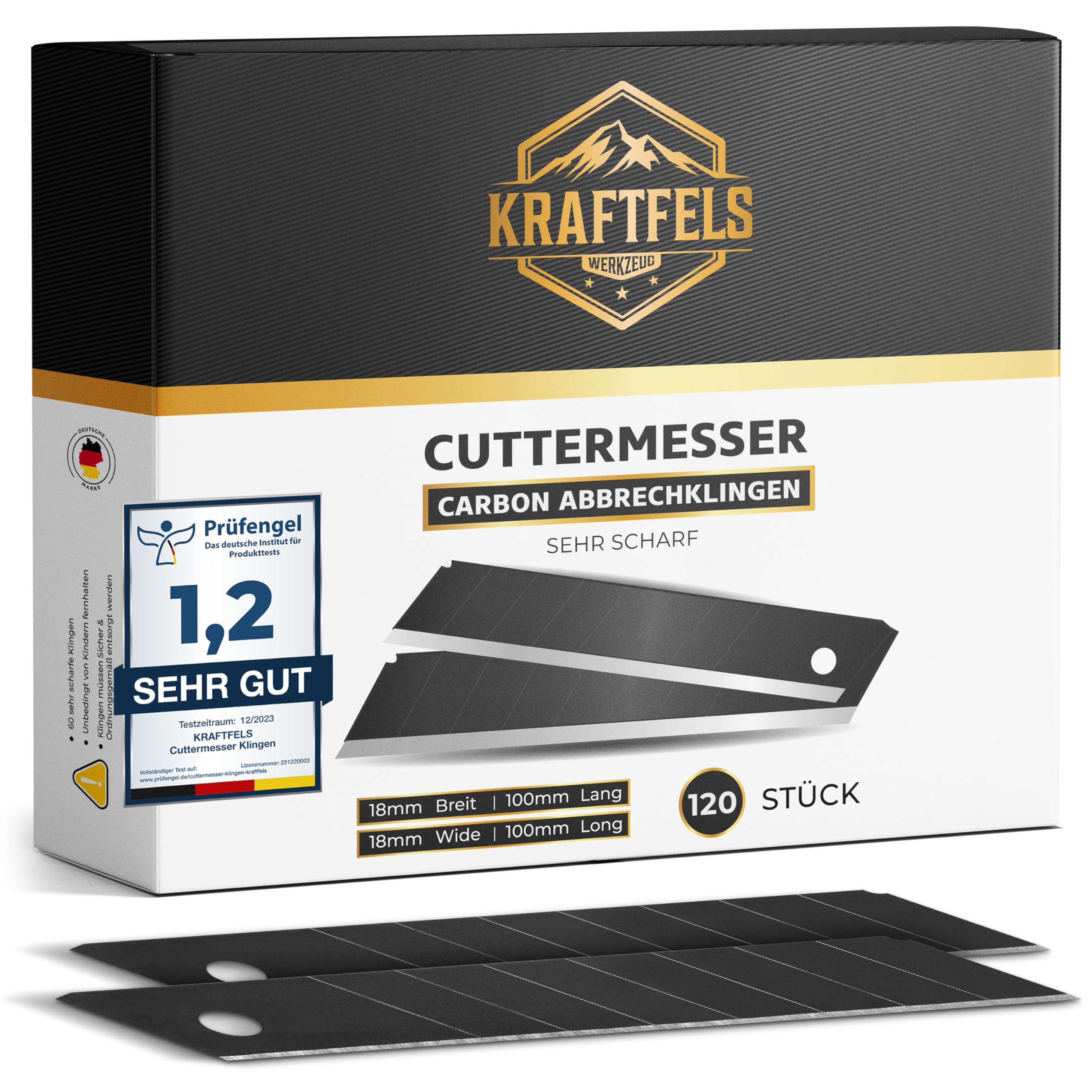 KRAFTFELS 120x Profi Cuttermesser Klingen 18mm - Ersatzklingen Cuttermesser aus hochwertigem Carbonstahl - Klingen Cutter Messer - Gehärtet & ultra scharf - Abbrechklingen für Cutter Messer Schwarz
