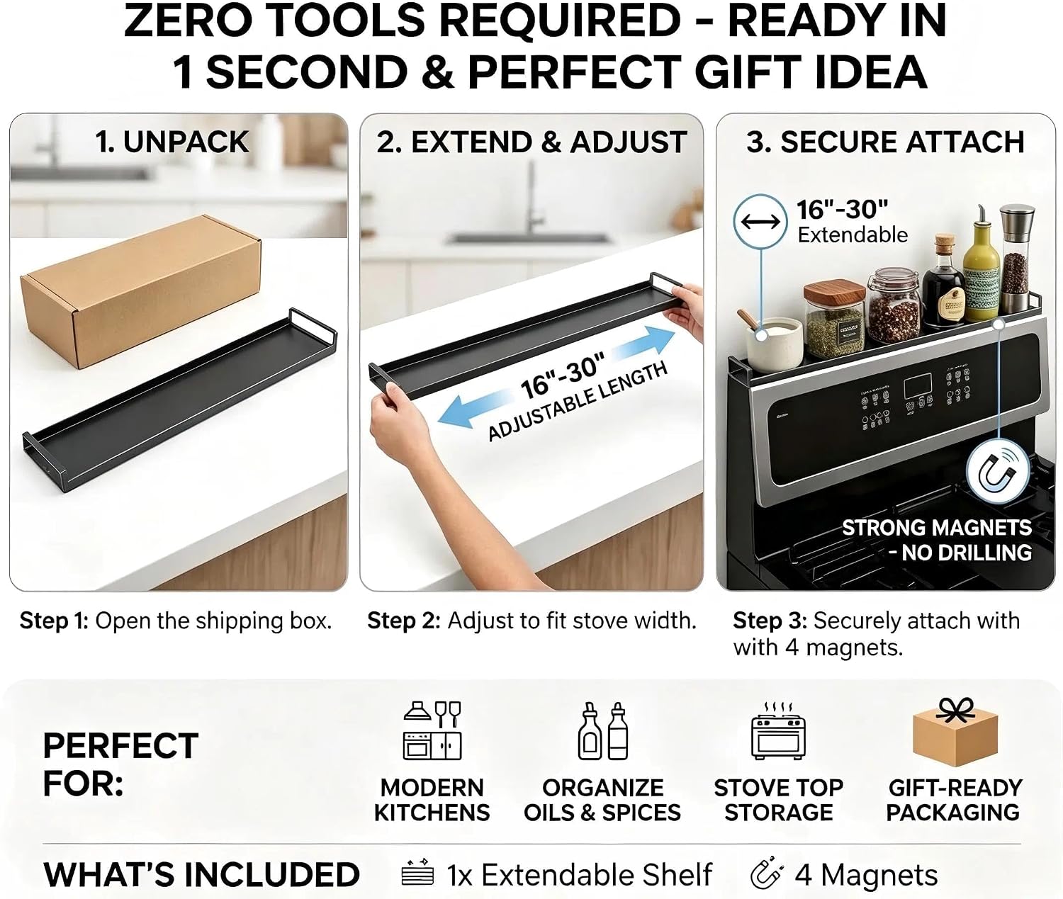 AWOKE Magnetic Over the Stove Shelf, Adjustable 16-30 in Carbon Steel
