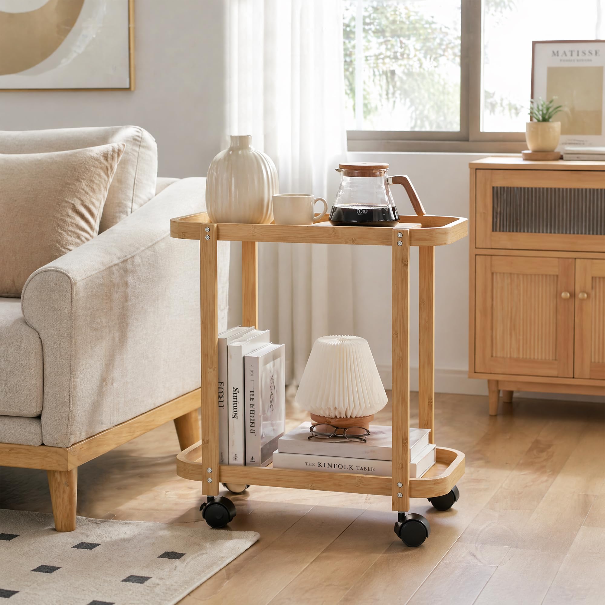 HOMCOM Carrito de Cocina de Bambú de 2 Niveles 54x36,5x60 cm Natural | Carrito Auxiliar de Cocina con Ruedas, 2 Estantes Abiertos, Diseño Curvo, para Comedor