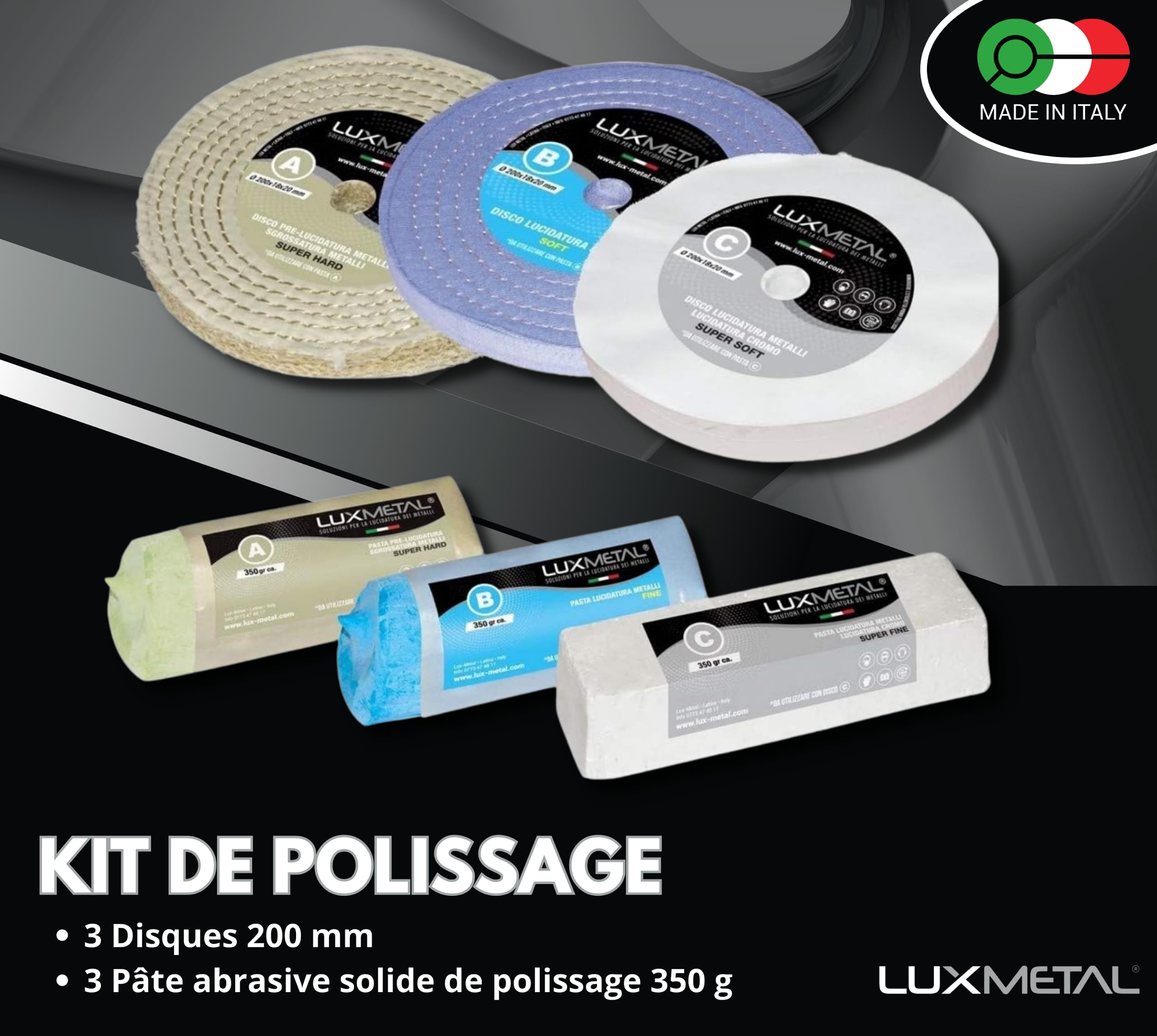 Kit 3 Disques de Polissage de 200 mm et 3 Pâtes Abrasives de 350 gr - Parfaits pour polir des métaux tels que l'aluminium, le fer, l'acier inoxydable, le laiton, le cuivre, l'or, le marbre