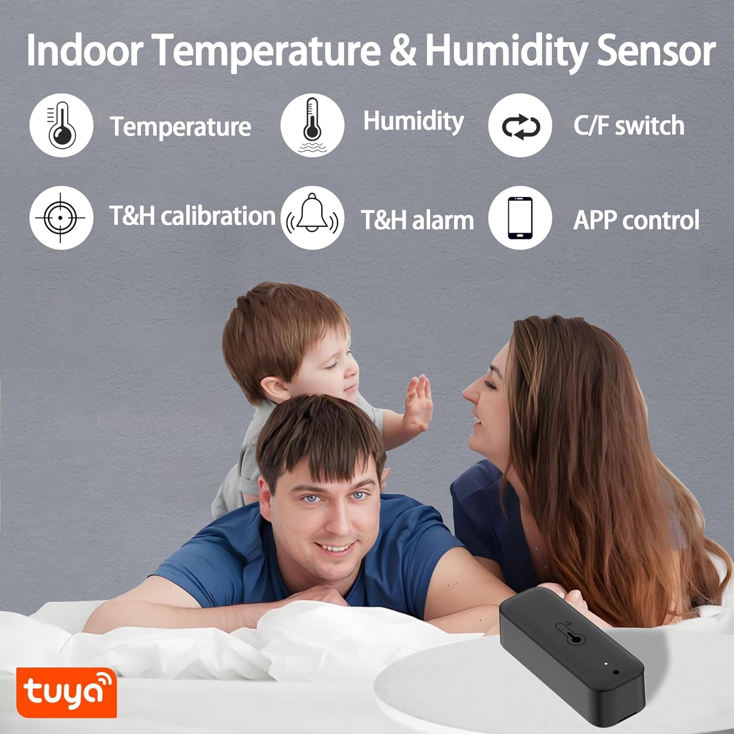 PHOVOLT TH11 sensor features: Temperature, Humidity, C/F switch, T&H calibration, T&H alarm, APP control.