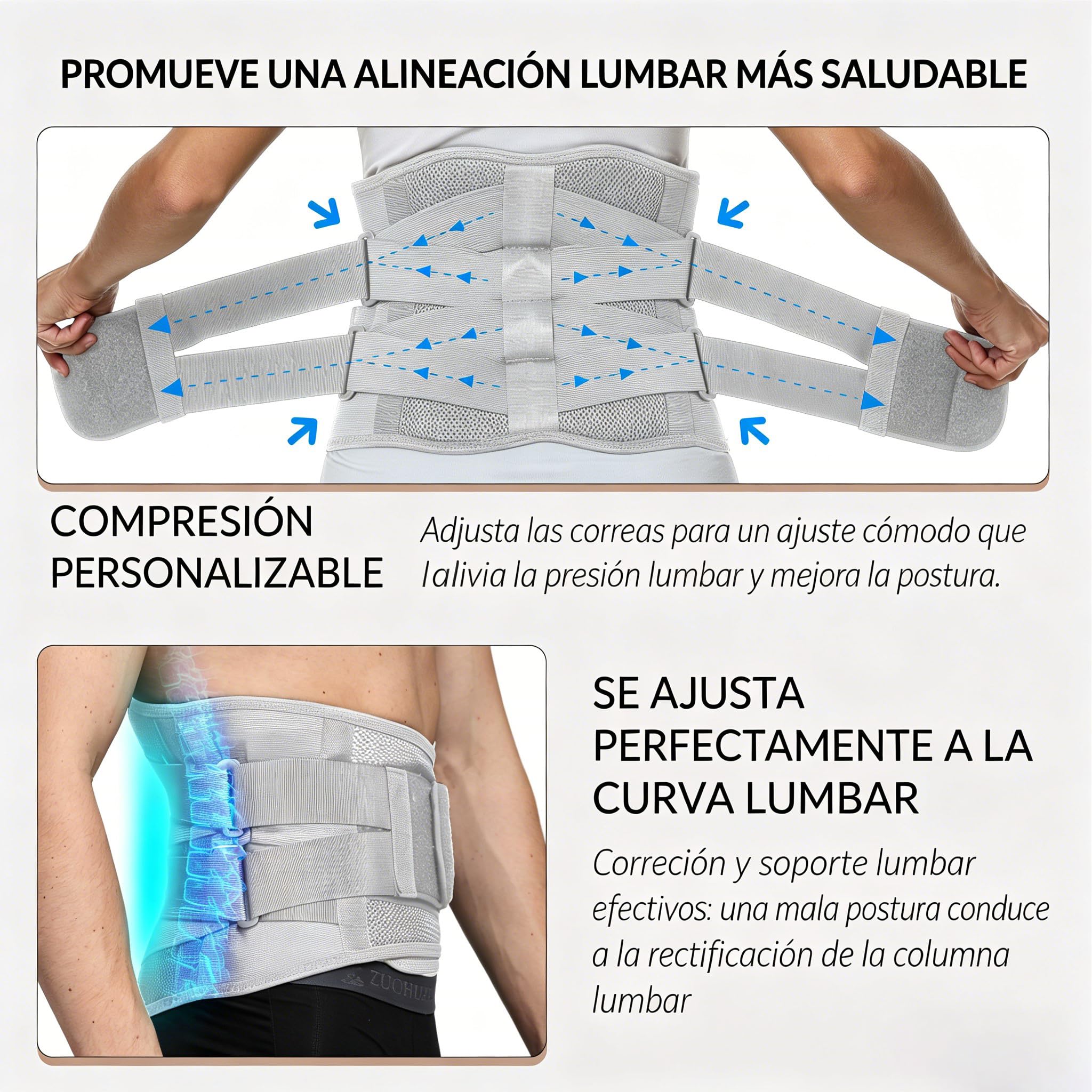 NEOtech Care Faja de espalda ULTRA LIGERA - Apoyo lumbar/para la postura - Tejido transpirable para el ejercicio - Compresión adaptable (Gris XL)