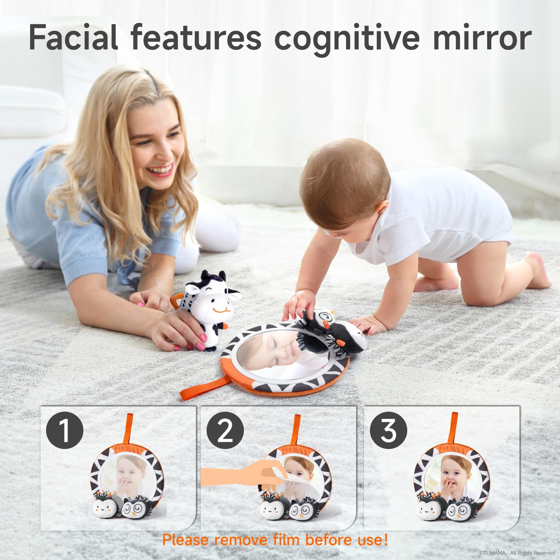 TUMAMA - Juguetes para bebés en blanco y negro, tiempo de barriga de alto contraste, sonajeros suaves para recién nacidos, sonajeros de espejo Montessori Sensorial de 0 a 12 meses, bebé colgante para 5