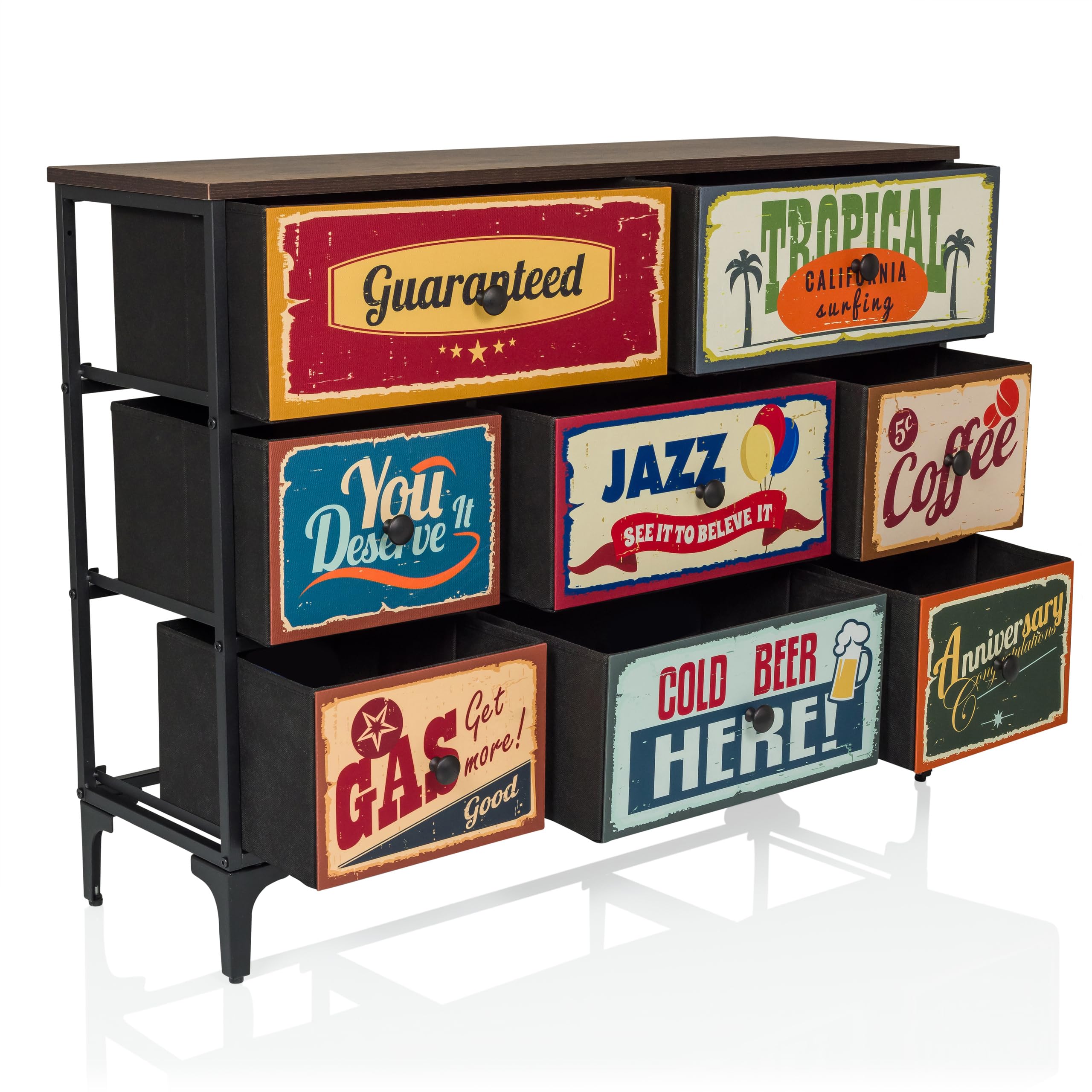 Kommode mit 8 Schubladen aus Vlies AMERIKO B 102,5x30x77,5 cm Schubladenschrank im Vintage-Look mit Motiven, Metall-Gestell