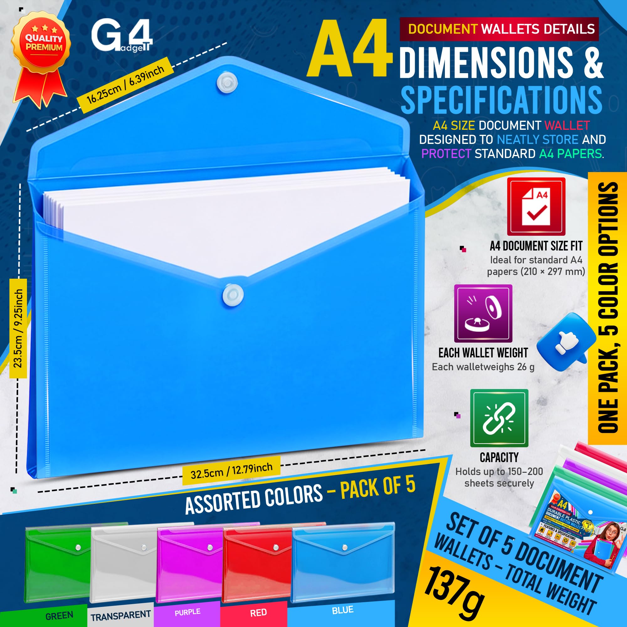 50 Dokumententaschen aus Kunststoff, A4/Foolscap-Format, transparent, mit Druckknopf, verschiedene Farben