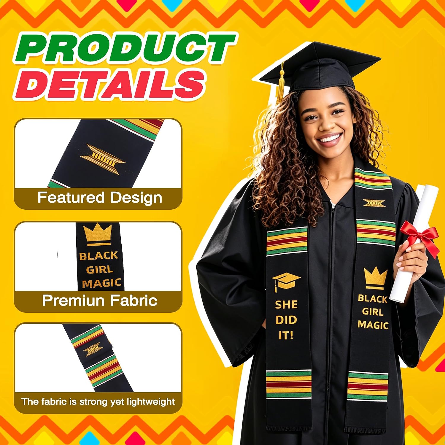 Black Girl Magic Graduation Stole She Did It, Kente Graduation Stole Class of 2026, Authentic Kente Pattern She Did It, Unisex Adult African Art Kente Vibrant Colors Sash Stole Scarf 70 Inches Long