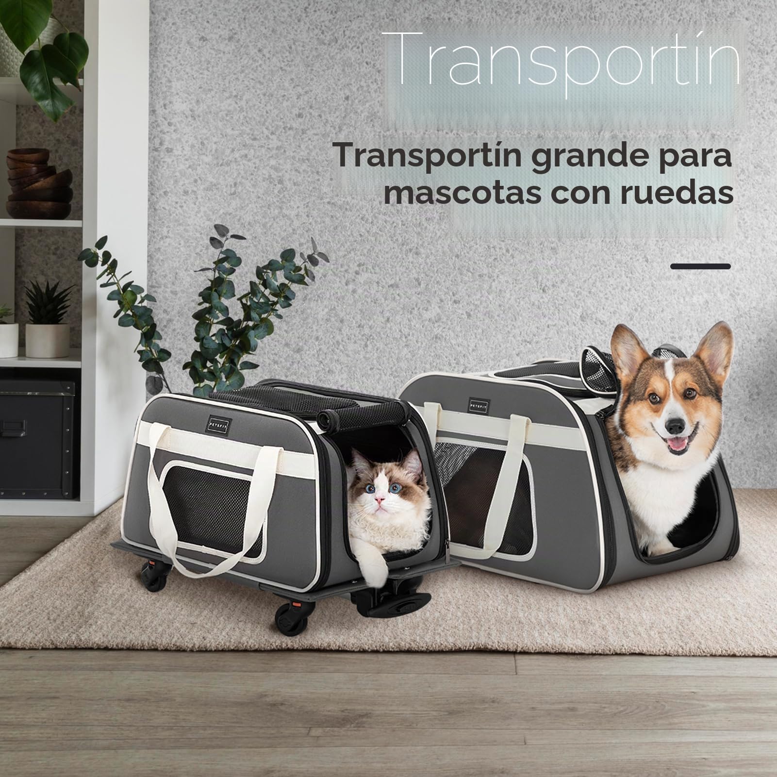 PETSFIT Transportín para perros con ruedas aprobado por aerolíneas diseñado para perros pequeños/gatos con cuerda de seguridad ajustable y ruedas extraíbles, 50,5 cm de largo x 31 cm de ancho x 36,5