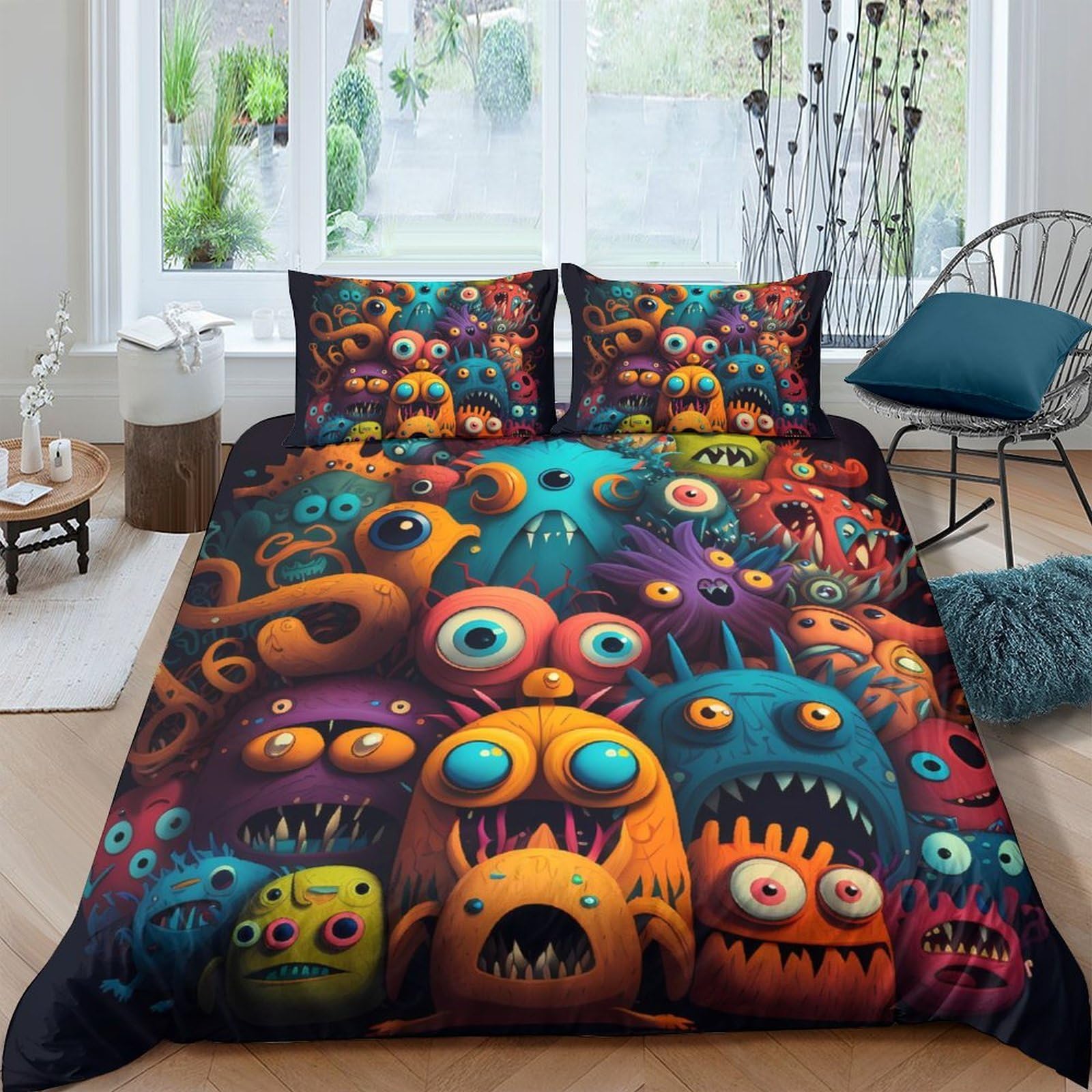 GPLZQXKJNH 3D Printed Colourful Monster Duvet Cover Microfiber Soft Breathable Cartoon Eyes Bedding Set with 2 Pillowcases for Bedroom Home Single（135x200cm）