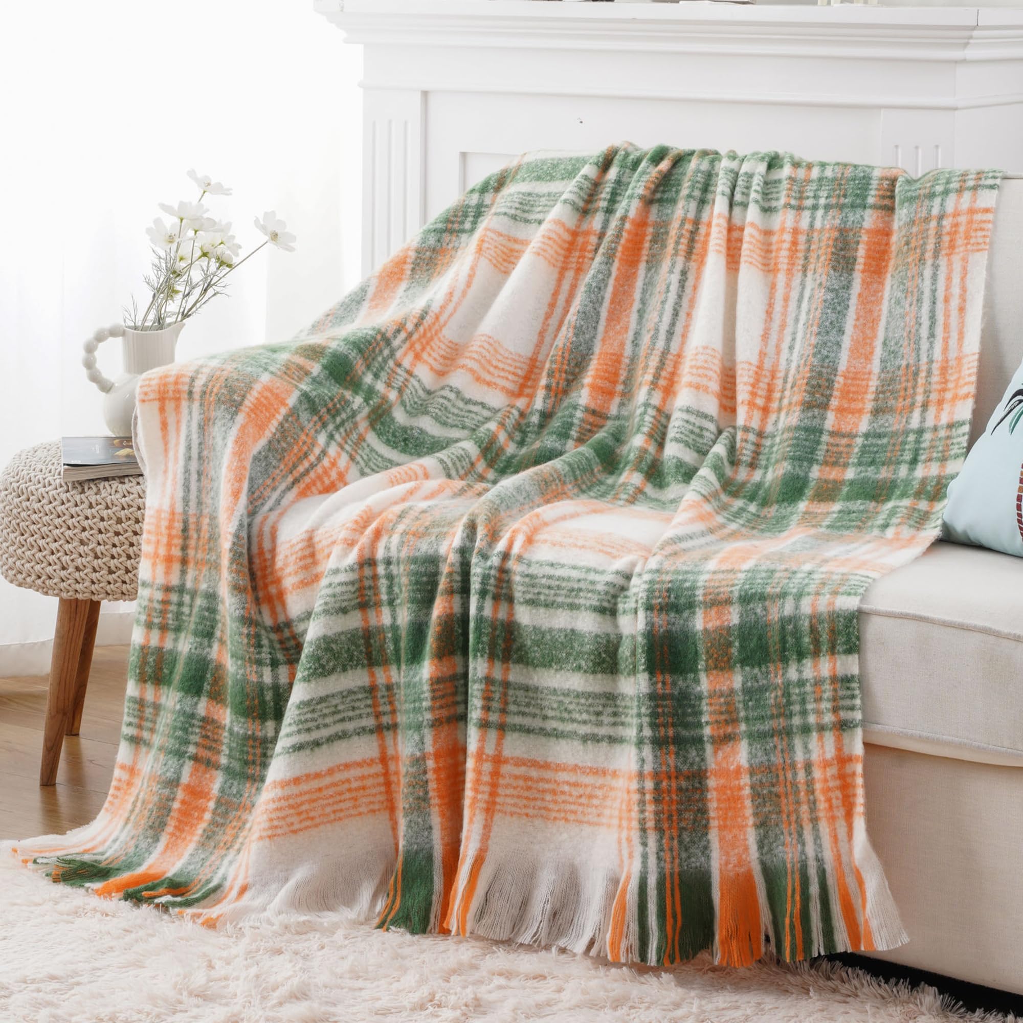 Battilo Green Plaid Throw Blanket for Couch Fall Mohair Tartan Plaid Blanket