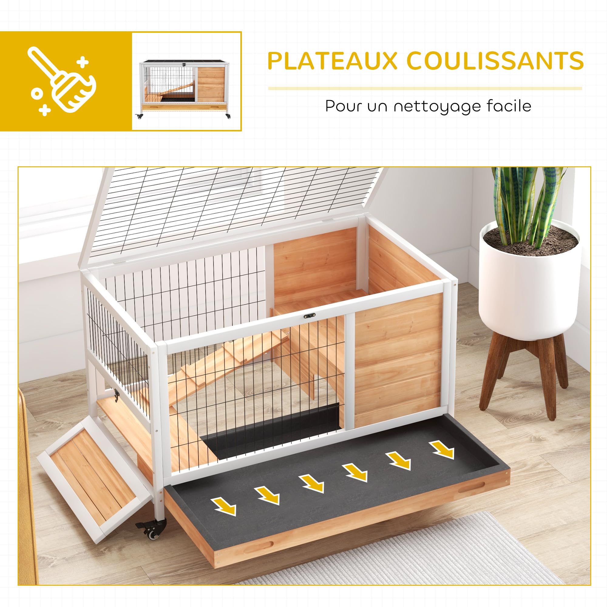 PawHut Clapier Lapin intérieur, Cage Lapin avec Toit ouvrant, roulettes, Plateau Amovible et Rampe, Cage en Bois, 90 x 53 x 59 cm, Jaune et Blanc