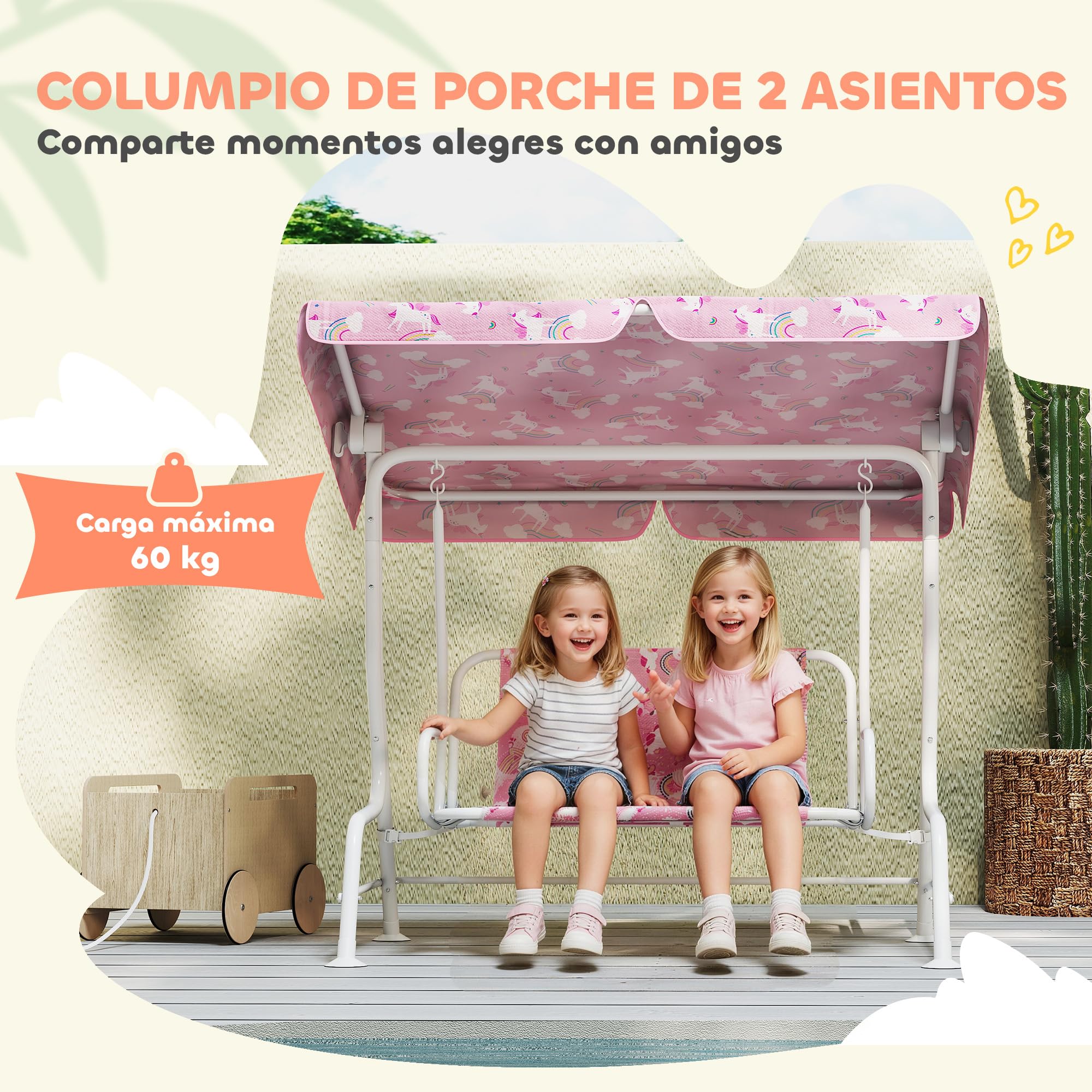 AIYAPLAY Columpio de Jardín Exterior para Niños de 2 Plazas, Balancín de Jardín, Toldo Ajustable, con Cinturones de Seguridad, Diseño de Unicornio y Arcoíris, para Interior, Patio, 112x75x120 cm, Rosa