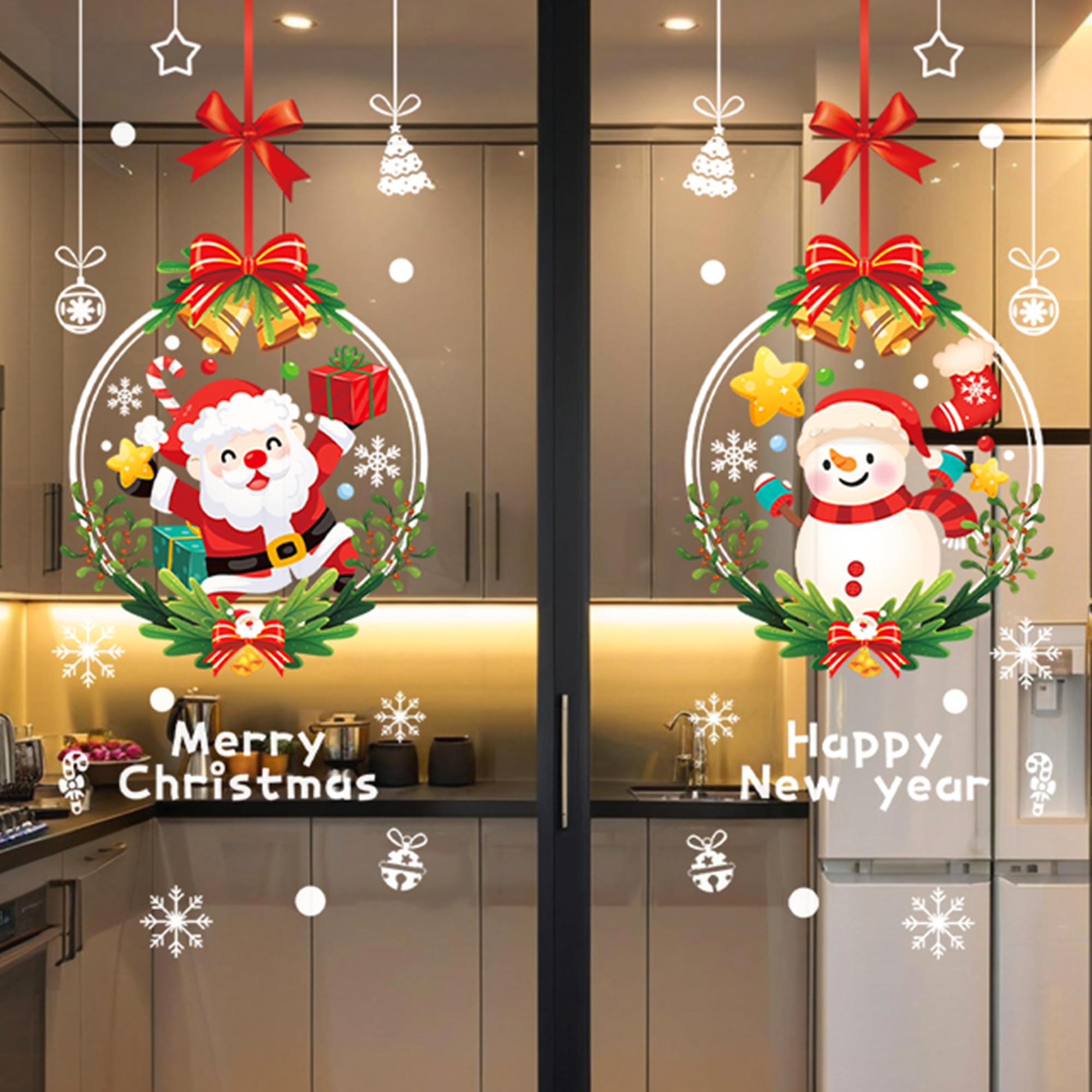 Large Christmas Window Stickers – Reusable Merry Christmas & Happy New Year Decorations – Static Xmas Window Stickers for Home, Shop & Office (Santa & Snowman)