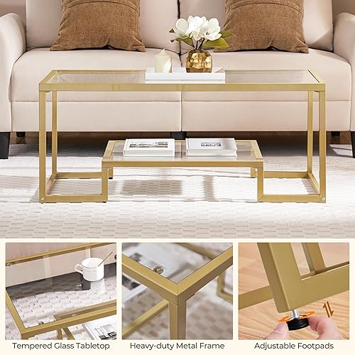 Miniatura 7 de Yaheetech Mesa de Café Dorada, Mesa de Centro de Vidrio Rectangular de 42" para Sala de Estar, Mesas de Té de 2 Niveles con Marco de Metal para