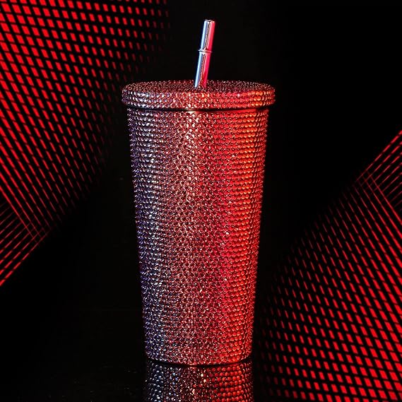 Studded Bling Tumbler Glitter Cups with Lid Stainless Steel Vacuum Thermal with Straw Rhinestone Insulated Office Mug for Ice Cold or Warm Drinking for Women Cup (Ruby Red)