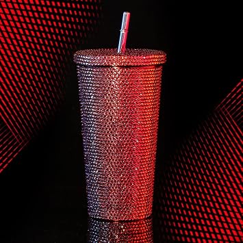 Studded Bling Tumbler Glitter Cups with Lid Stainless Steel Vacuum Thermal with Straw Rhinestone Insulated Office Mug for Ice Cold or Warm Drinking for Women Cup (Ruby Red)