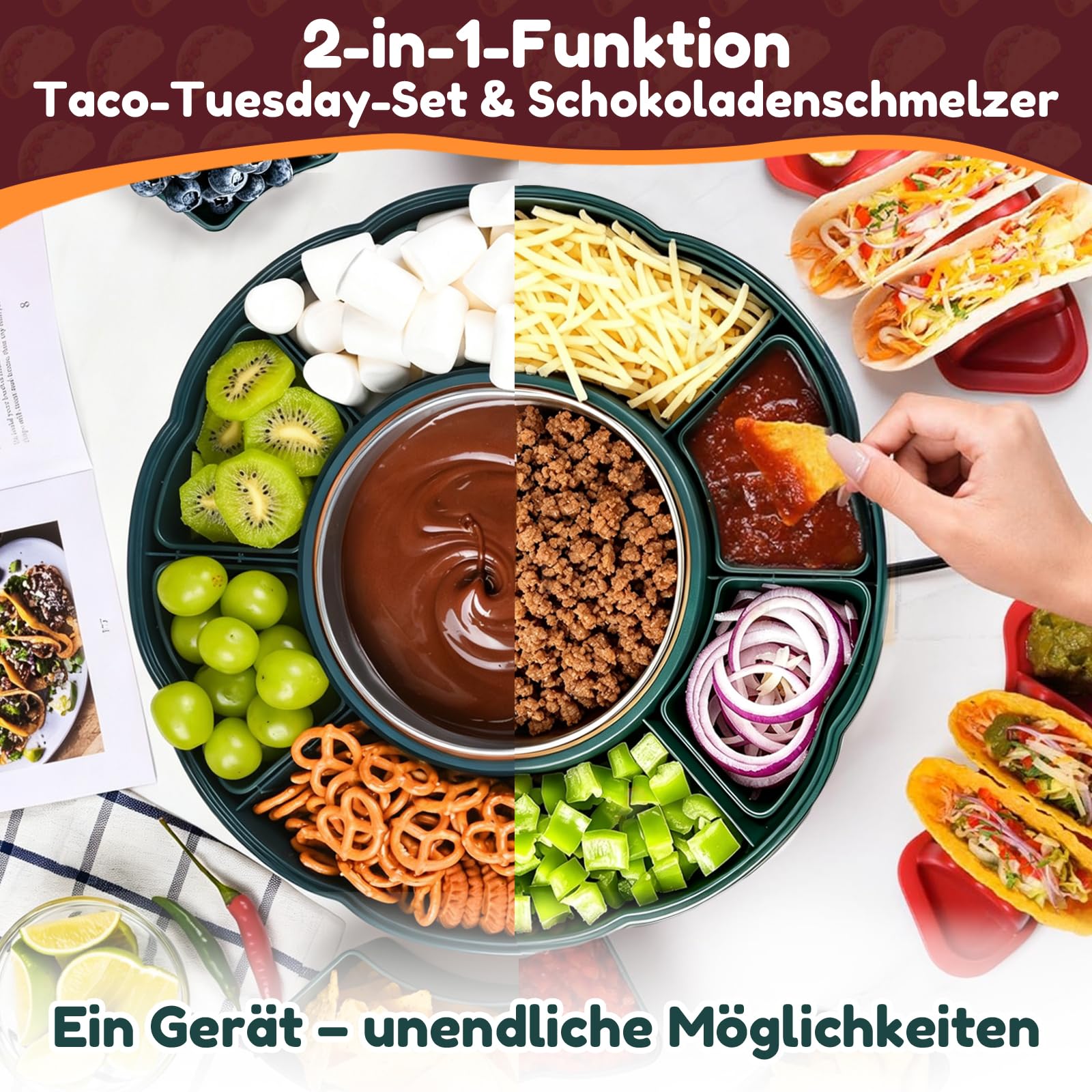 Schokofondue Elektrisch-Set 1000 ml mit 3 Temperaturniveaus 6 Fondue-Gabeln