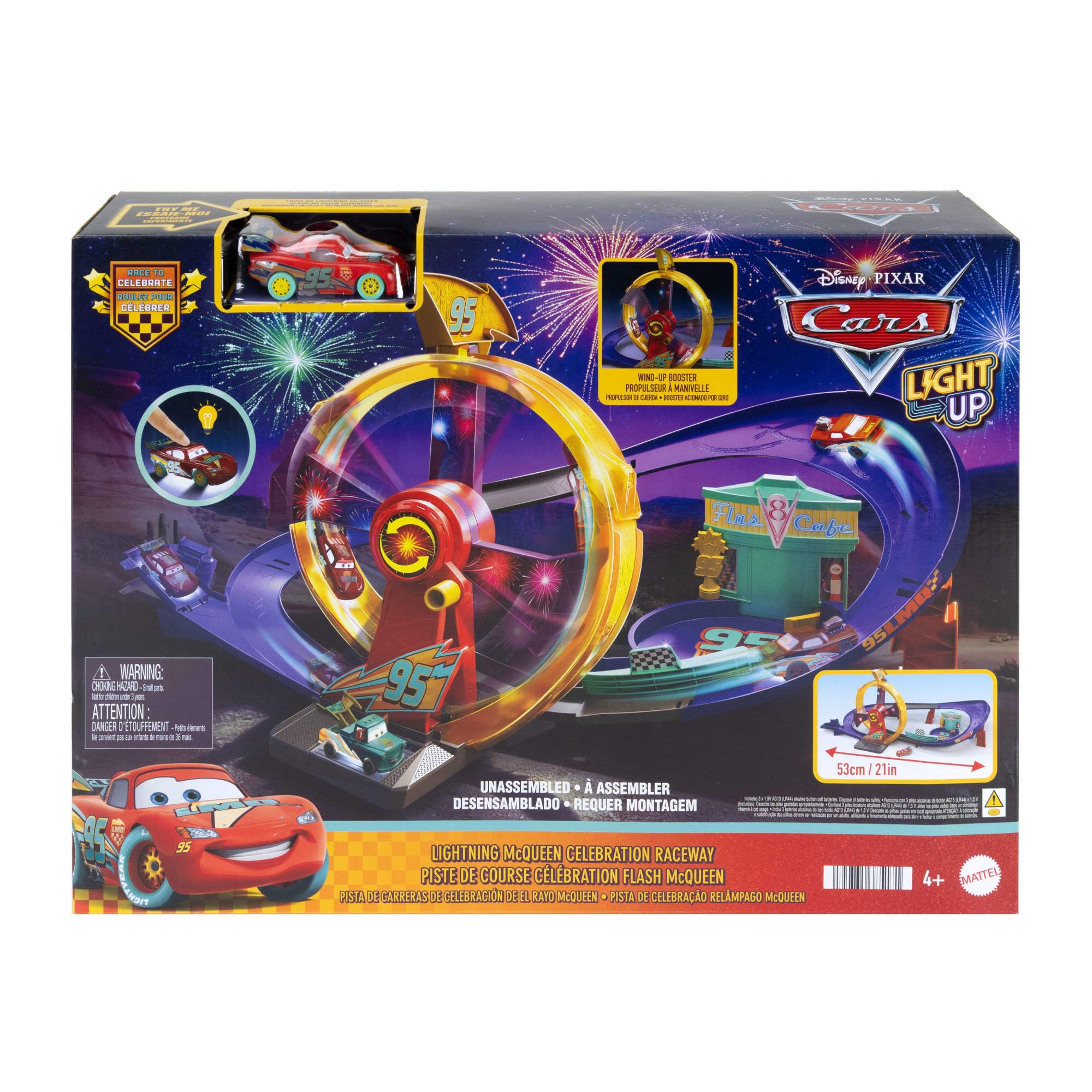 Mattel Disney e Pixar Cars Pista della Vittoria di Saetta McQueen | Pista giocattolo con Saetta McQueen luminoso, giro della morte e lanciatore a molla, JMT57