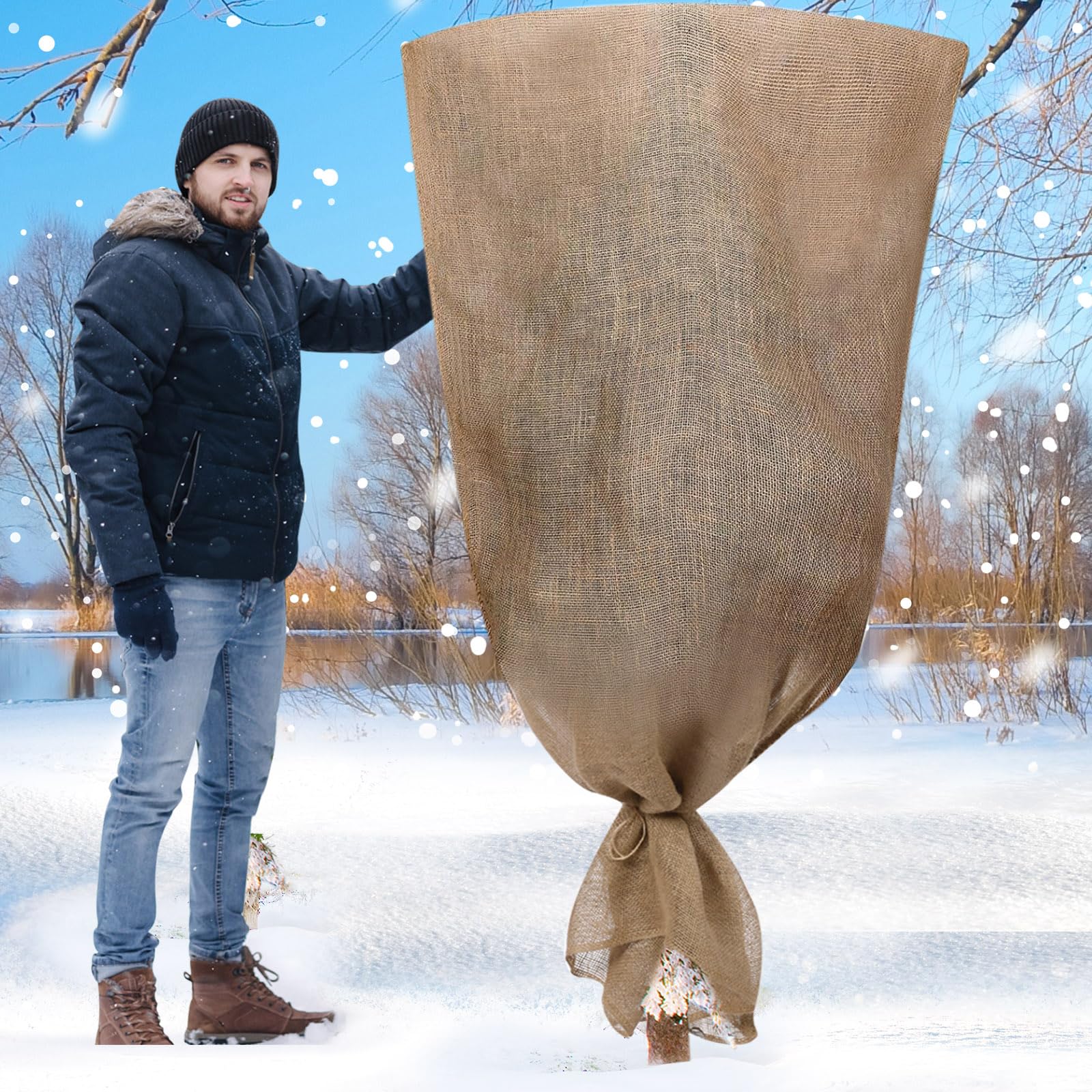 1 Pcs 72 x 72 Inch Oversize Reusable Warm Burlap Large Winter Burlap Plant Cover Bags with Drawstring Freeze Protection Cold Freeze Blanket Protecting