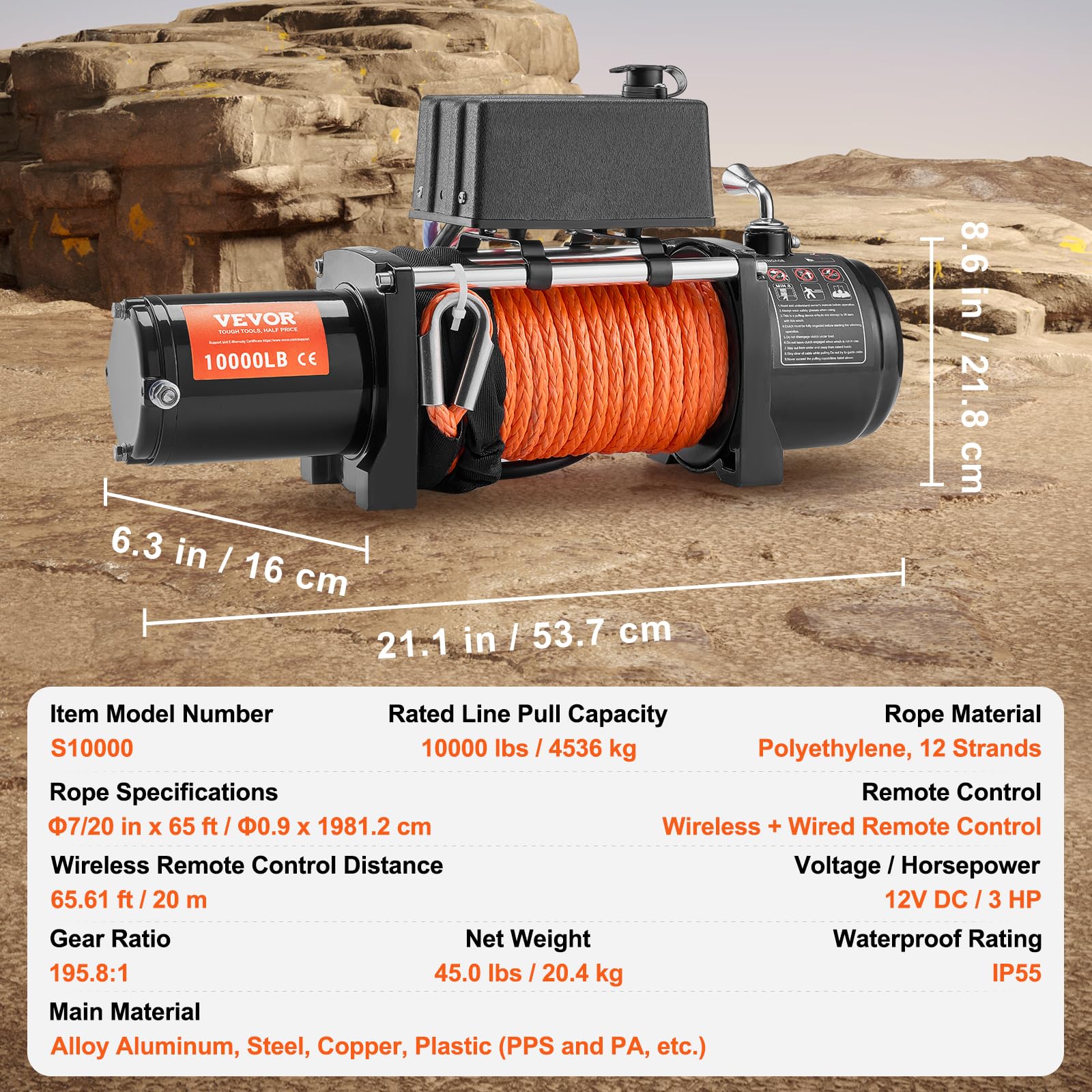 VEVOR Wciągarka elektryczna 4536 kg, 12 V DC, wciągarka do ciężarówki, z liną syntetyczną, Φ0,9 x 1981,2 cm, prowadnica kabla, bezprzewodowy pilot zdalnego sterowania, wodoszczelność IP55, do SUV-a