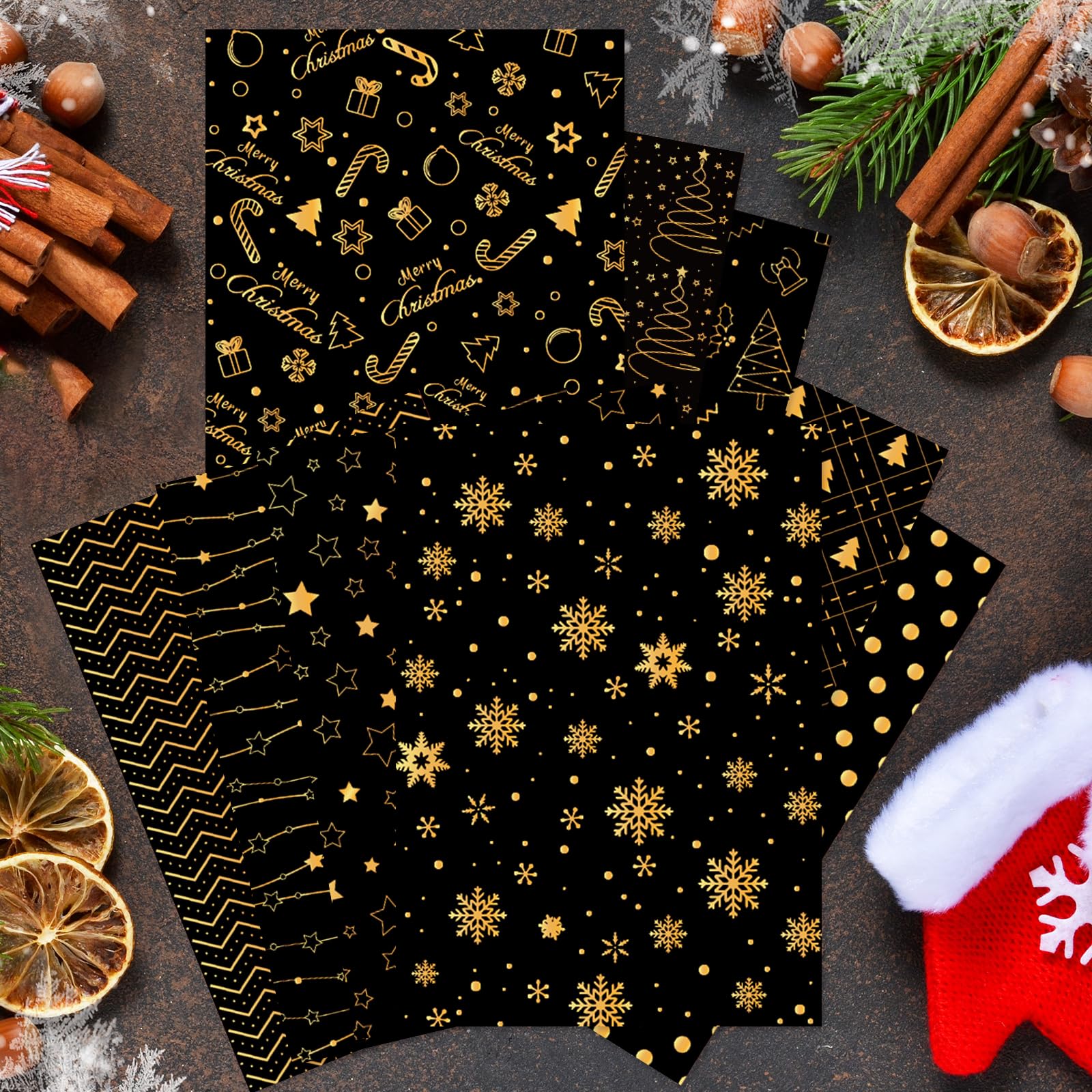 MIAHART 90 Sheets Merry Christmas Pattern Paper Set 10 Designs A5 Size Festival Decorative Craft Paper for Card Making Scrapbook (Black & Gold - Image 3
