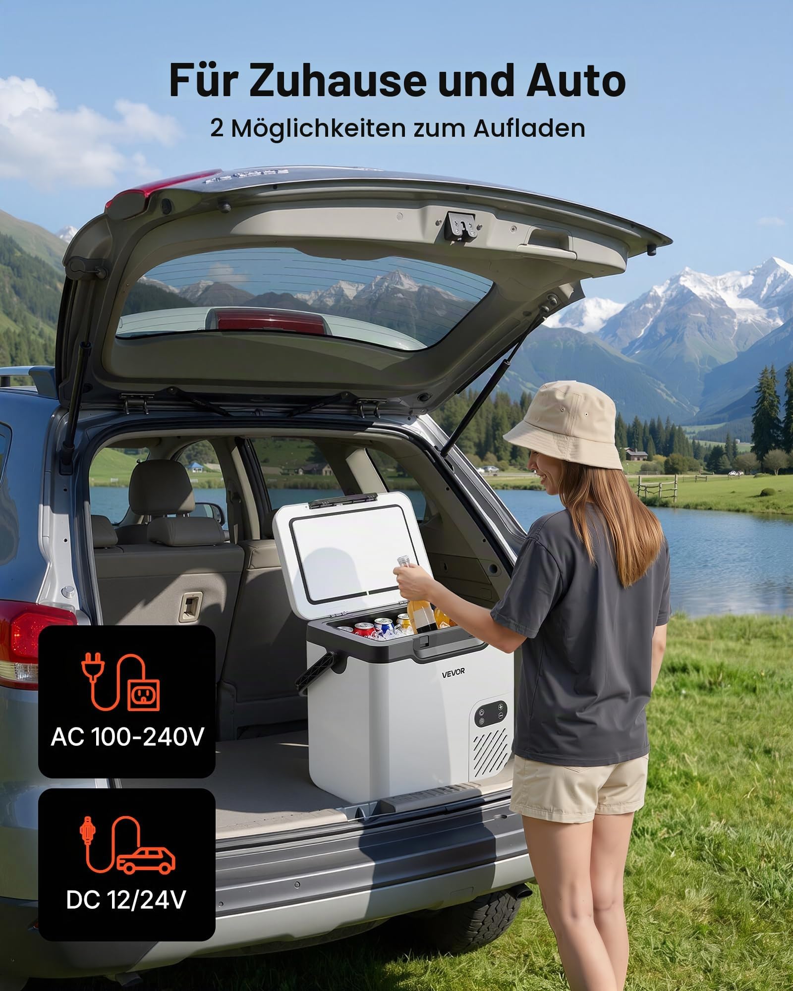 VEVOR Kompressor Kühlbox 18 L, Elektrischer Autokühlschrank mit Griff, -20 °C bis 20 °C, 12/24 V DC und 100-240 V AC, Tragbare Kühlbox für Camping, Reisen, Lkw, Wohnmobil und Boot