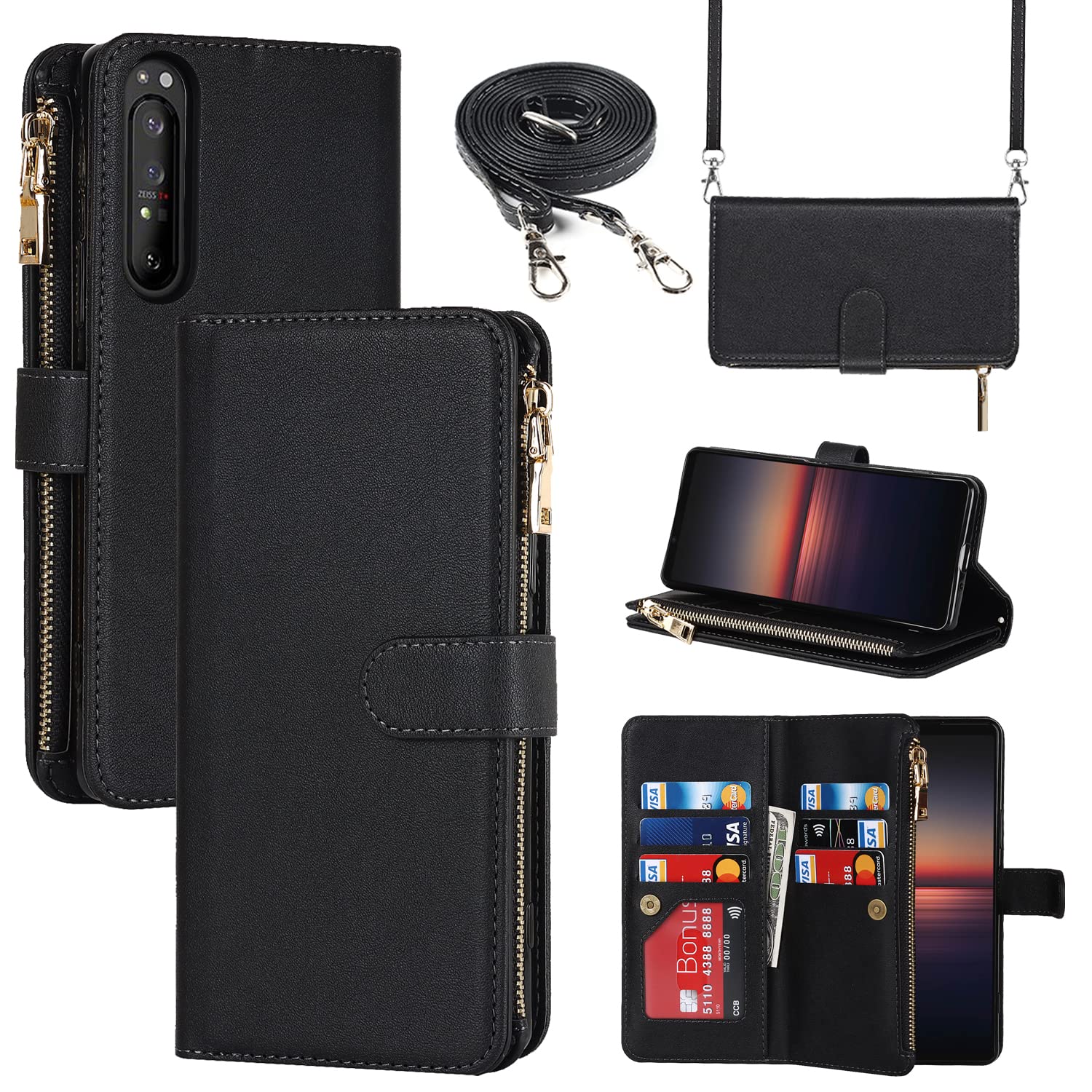 for Xperia 1 II Rope Case Notebook Type SO-51A SOG01 Mobile Cover Shoulder Crossbody Shoulder Synthetic Leather + TPU Magnet Sony Xperia 1 II Wallet Type Cover IC Card Bill Coin Purse Large