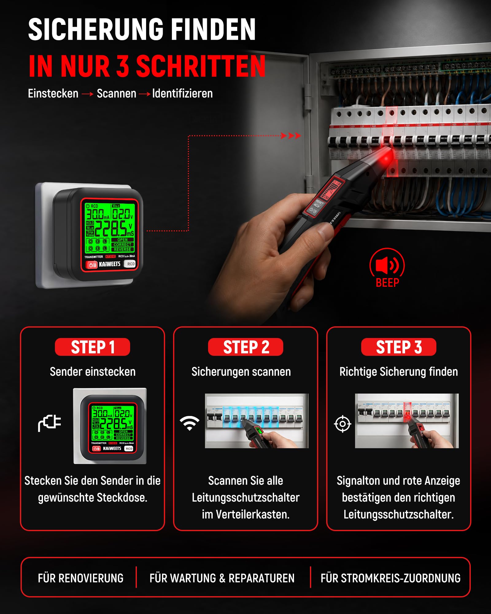 KAIWEETS Sicherungsfinder Set 2,2 Zoll LCD Steckdosentester RCD-Test Leitungssucher NCV LED-Taschenlampe