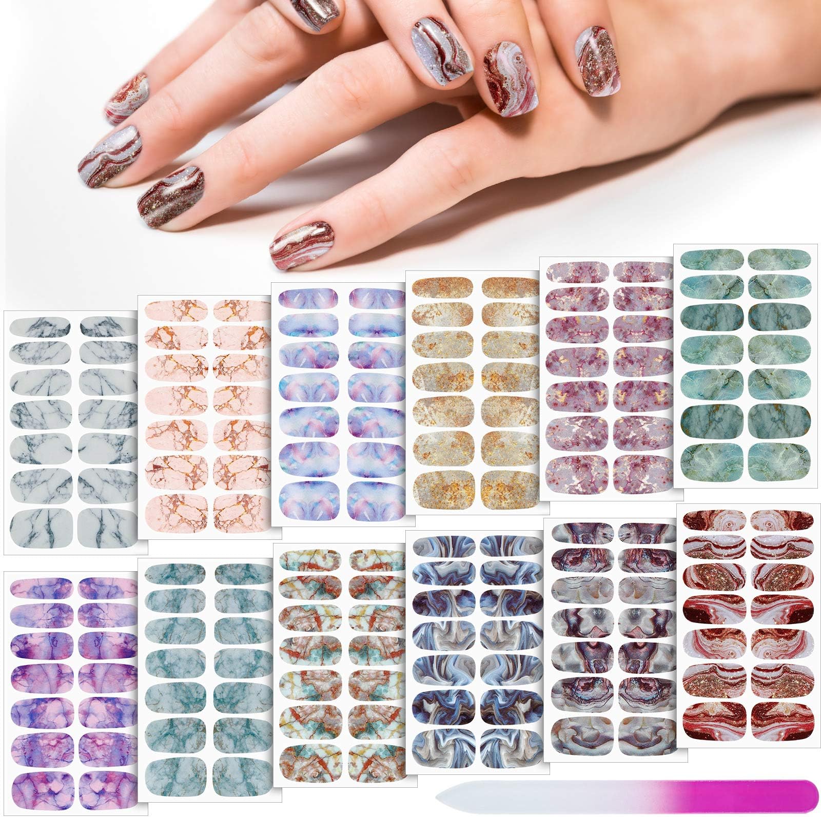 168 Pcs 12 Sheets Full Wrap Nail Stickers Polish Strips Gradient Stickers Glitter Self Adhesive DIY Gel Nail Strips Decals with 1 Pcs Fingernail Files for Holiday Decor(Classic Style)