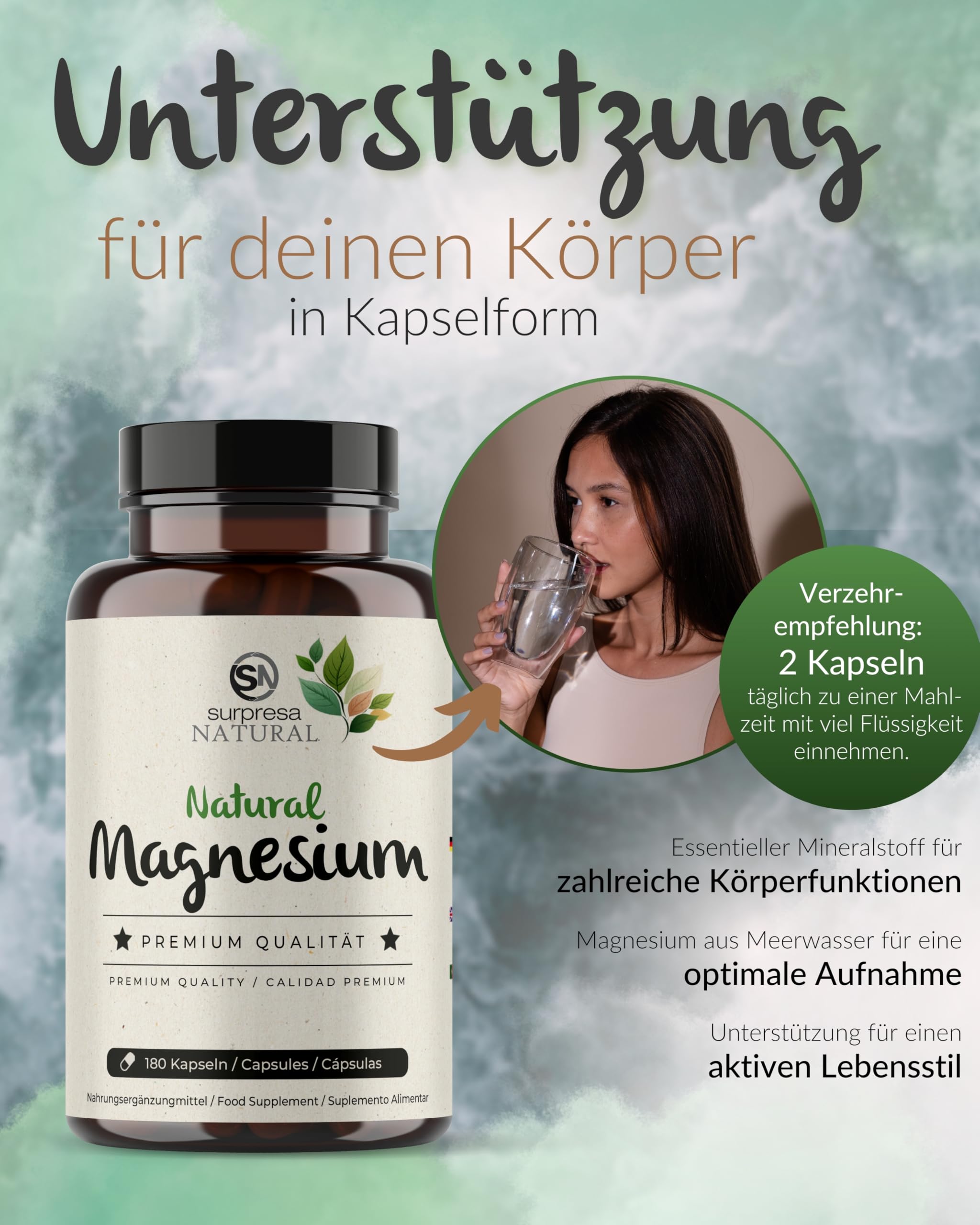 Magnesium Kapseln hochdosiert I 3x 180 Kapseln I 700mg Mg. Hydroxid aus Meerwasser I 224mg elementares Magnesium pro Kapsel I Nahrungsergänzungsmittel vegan & laborgeprüft