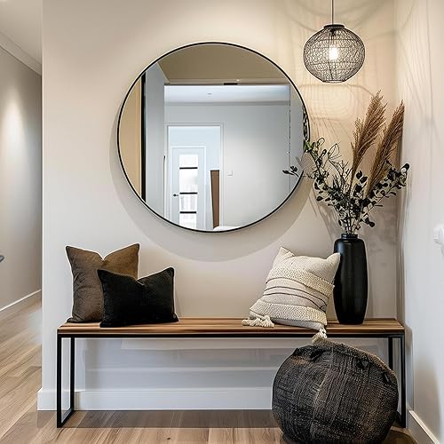 Miniatura 4 de Espejo redondo negro de 24 pulgadas, espejo redondo con marco de metal, espejos circulares negros, espejos montados en la pared para sala de estar,