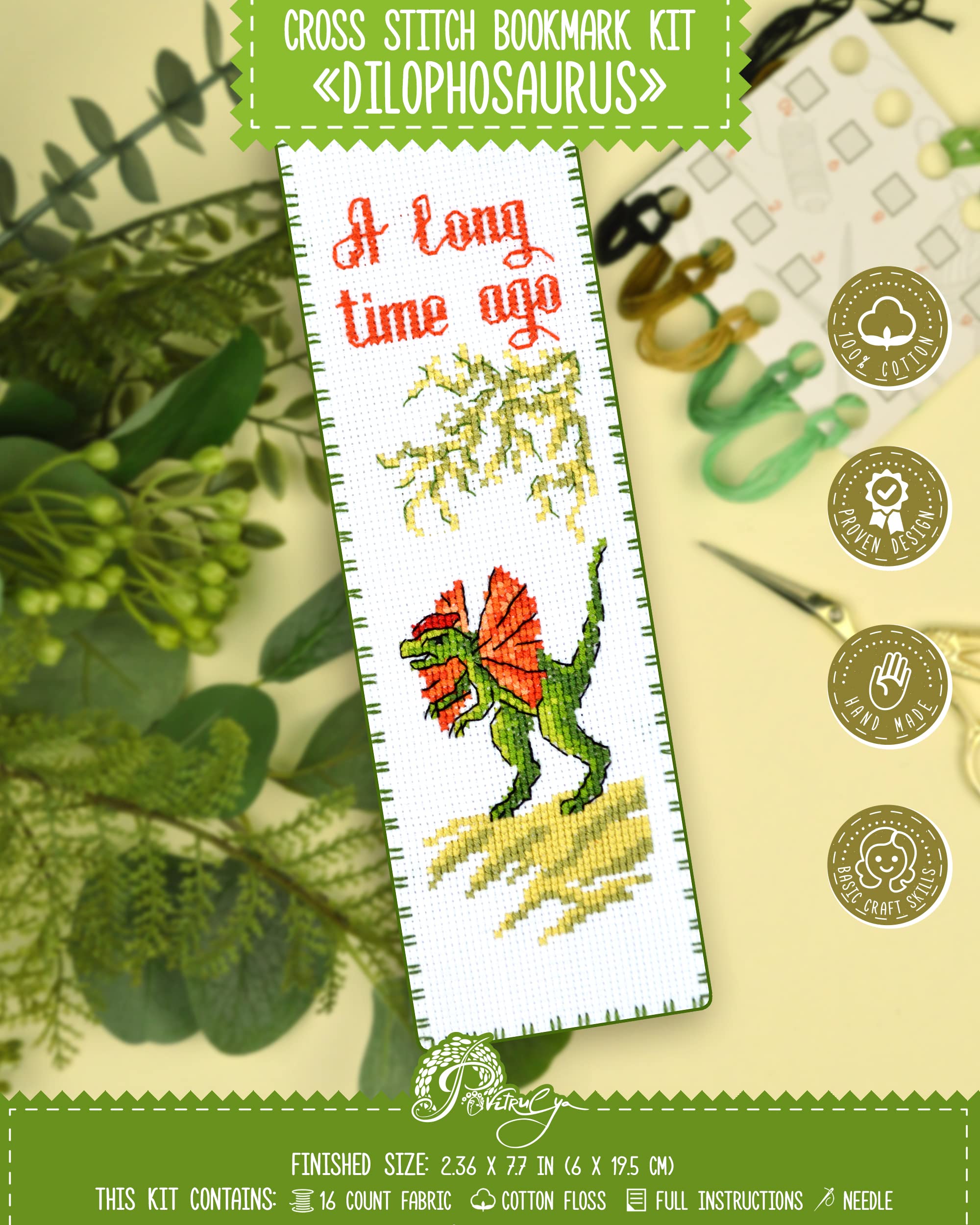 Povitrulya Dinosaur Counted Cross Stitch Kit Dilophosaurus - DIY Bookmark Set for Hand Embroidery