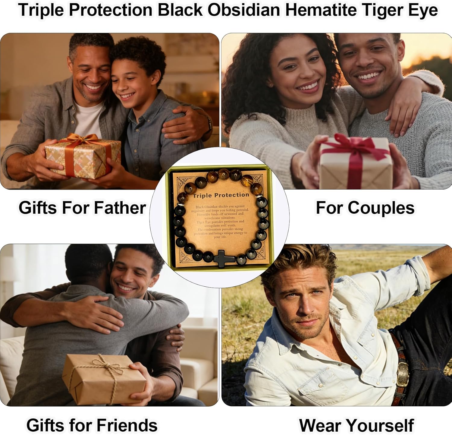 Valentine Gifts for Men Triple Protection Cross Bracelet 8mm Black Obsidian Hematite Tiger Eye Beaded Natural Stone Bracelets Birthday Jewelry Gifts Cross Christian Gift for Him Husband Son - Image 5