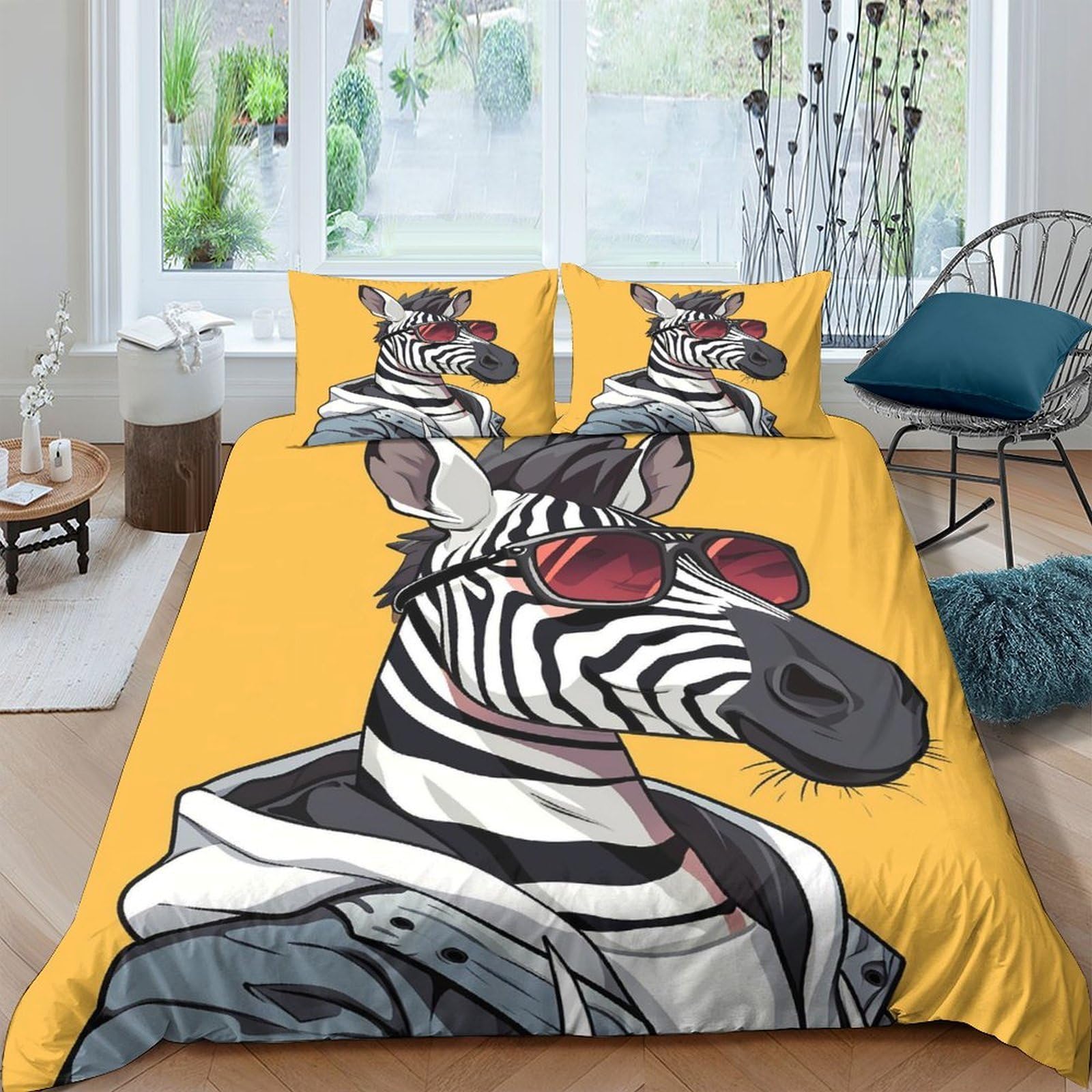 Ctjqhvkz Style-10 3D Printed Zebra Sunglasses Fitted Sheet Microfiber Yellow Bed Cover For Bedroom Guest Room Easy Care Decor Single（135X200cm）