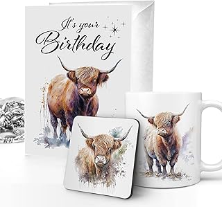 Highland Cow Birthday Gift Bundle Highland Cow Mug, Highland Cow Birthday Card & Highland Cow Coaster Perfect Highland Cow Gift