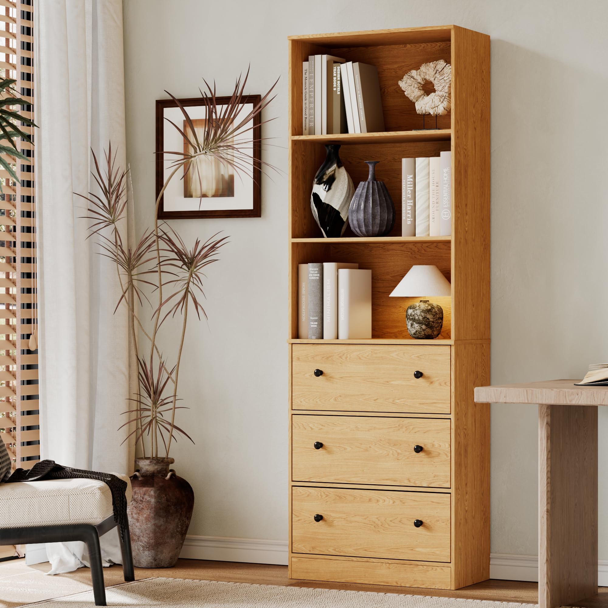 71" Tall Bookshelf with Storage, Bookcase with Drawers, Farmhouse Wooden Corner Book Shelves, Mid Century Modern Book Shelf Wall Standing Home Decor Furniture for Living Room, Bedroom, Office, Kitchen