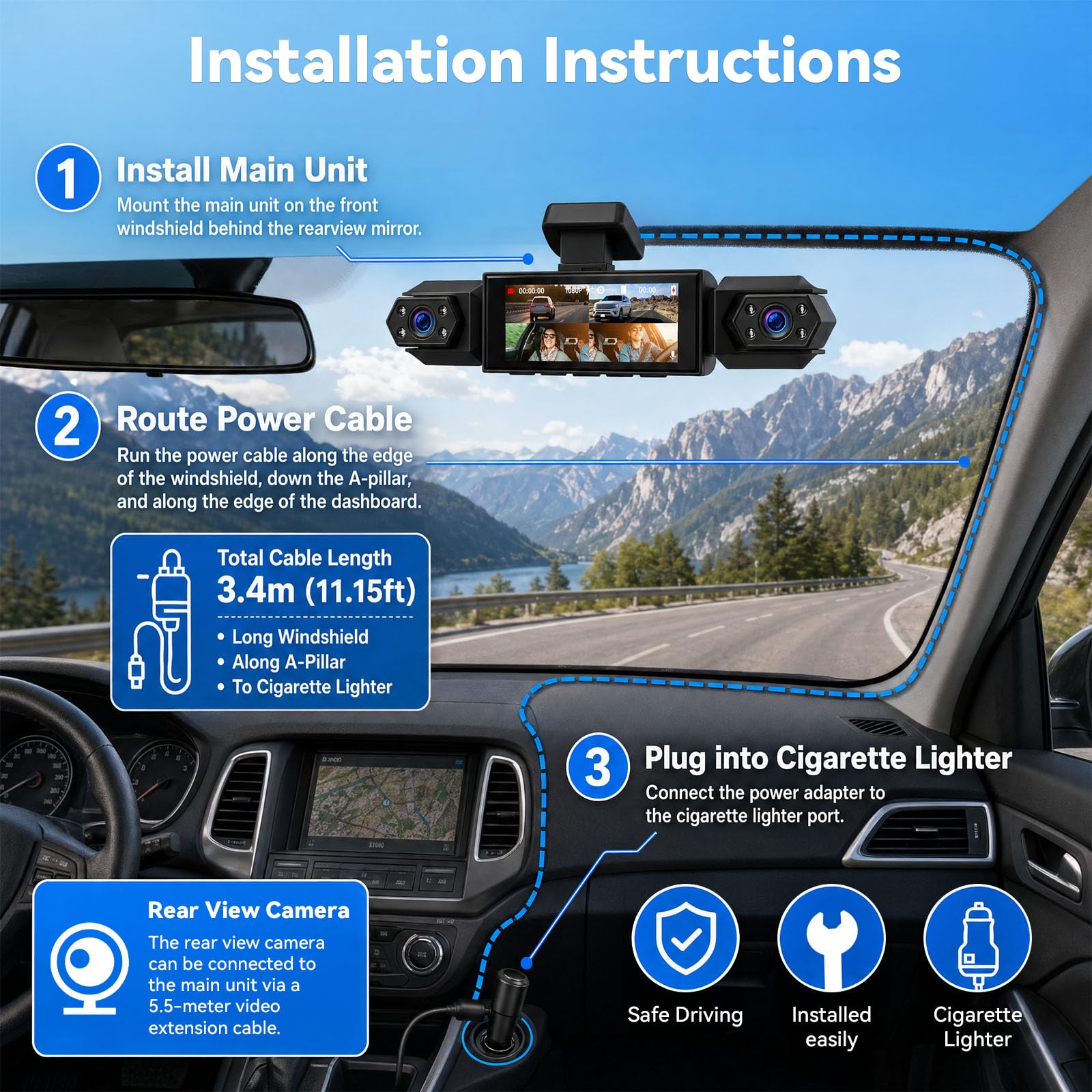 SIXTOP Dashcam Voiture 4 Canaux 1080P avec Écran IPS 3,16 Pouces | 4 Caméras Vision à 360° : Enregistrement en Boucle, Détecteur de Mouvement, Vision Nocturne, Caméra de Recul, DVR Auto Jusqu’à 64 Go