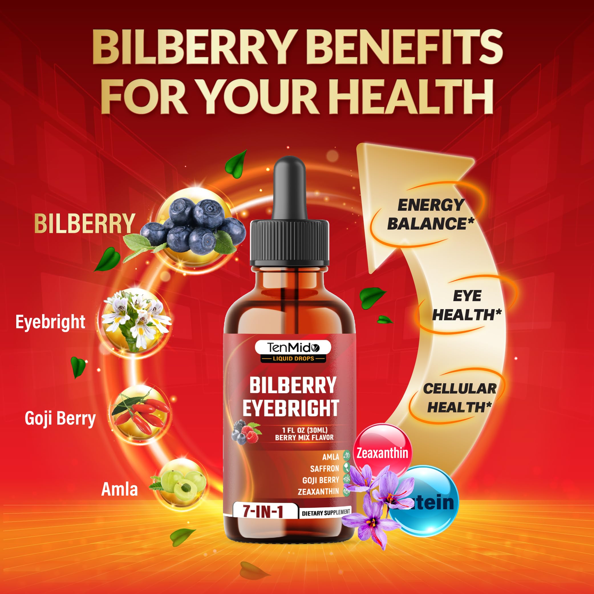Bilberry Extract Liquid - 7in1 Herbal Supplements with Eyebright, Goji Berry, Amla, Lutein, Zeaxanthin, and Saffron - Vegan, Non-GMO - 30ml 1 Fl Oz — Amazon image 5