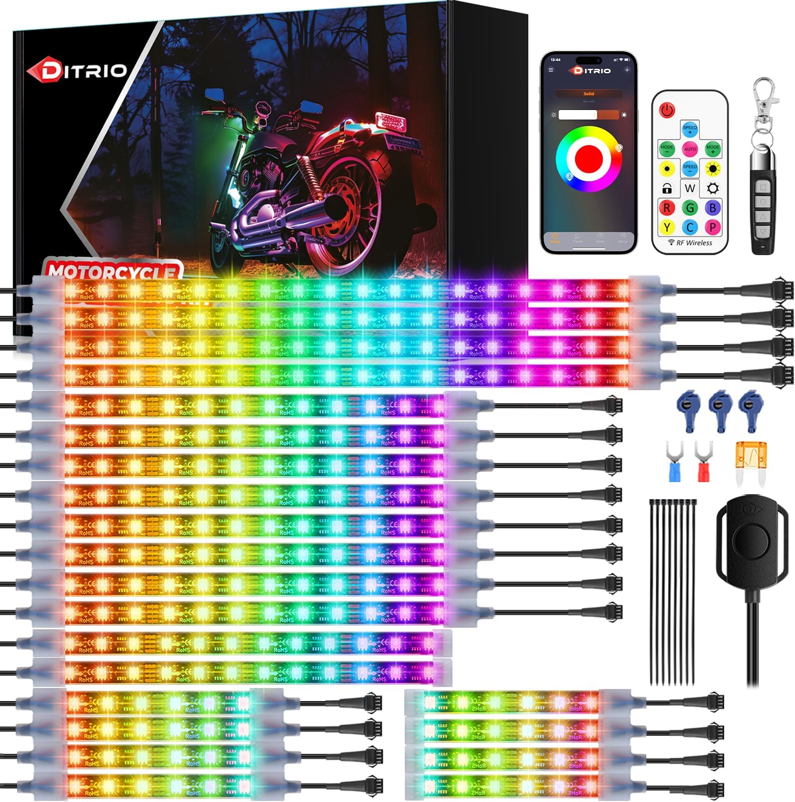 22Pcs Motorcycle Led Underglow Kit with Brake Turn Signal, Motorcycle RGB Lights with DITRIO APP/RF Remote Control, Dual Zone,12V Waterproof Pixelglow Effects for Motorcycles, Golf Carts, ATVs, UTVs