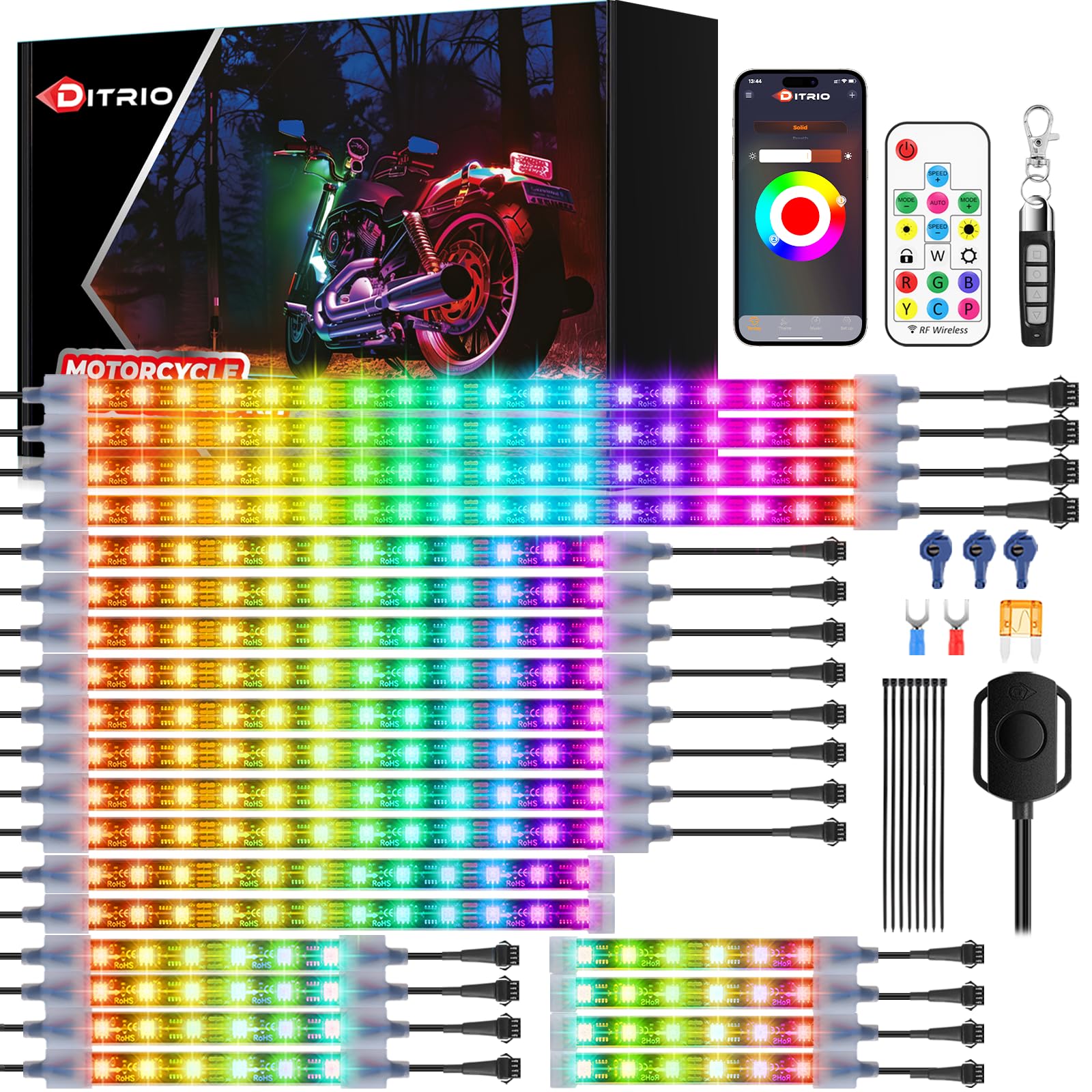 22Pcs Motorcycle Led Underglow Kit with Brake Turn Signal, Motorcycle RGB Lights with DITRIO APP/RF Remote Control, Dual Zone,12V Waterproof Pixelglow Effects for Motorcycles, Golf Carts, ATVs, UTVs