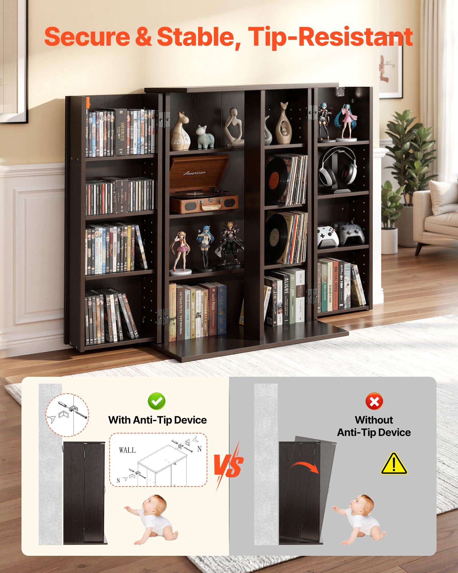 VEVOR Estantería de Pared, 610 x 368 x 846 mm, Armario de Almacenamiento de 16 Compartimentos, Estantes Ajustables, Dispositivos Antivuelco, para CDs DVDs Libros, Mueble para Salón Oficina, Marrón