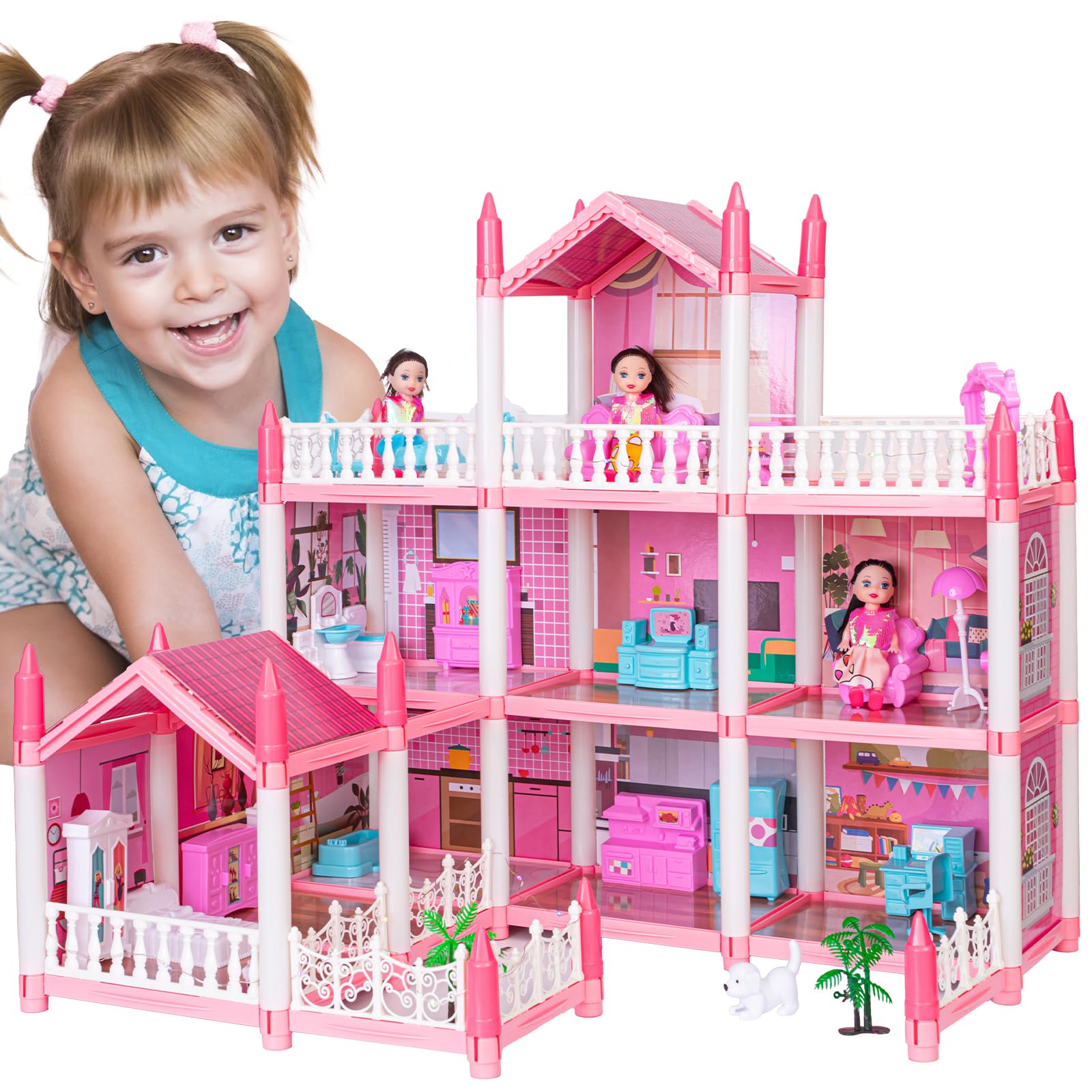 EVERGD Kid Doll House, 3 story Pink Grand 9 Rooms Castle Dolls Dream House Playset with 3Doll Furniture Accessories Mansion Playhouse Toy Xmas