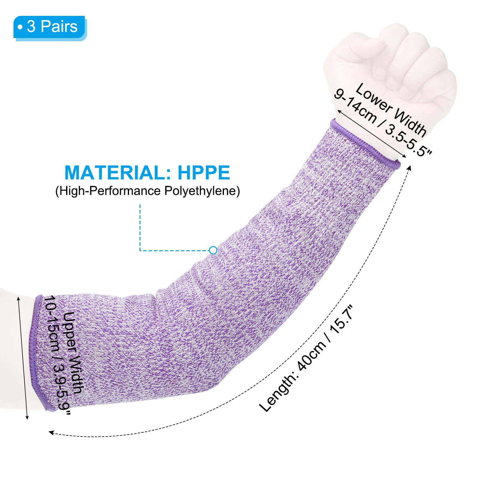 PATIKIL 16 Inch Cut Resistant Sleeve, 3 Pairs Arm Safety Protectors Sleeves Forearm Sleeve HPPE Level 5 Protection for Thin Skin and Bruising, L, Purple - Image 2