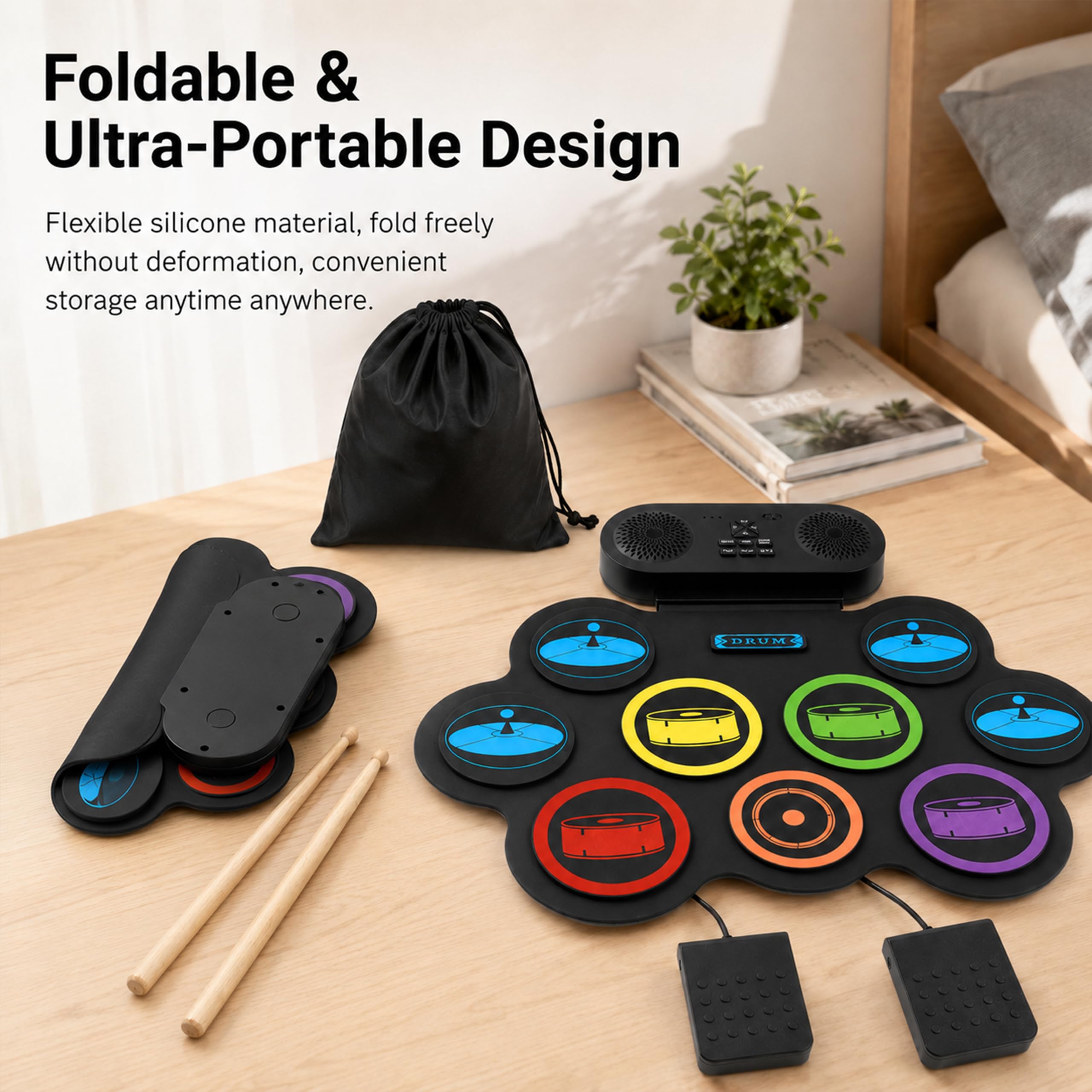 Batería Electrónica Portátil Enrollable para Niños y Adultos, 9 Almohadillas Silenciosas con Altavoz Bluetooth, Batería Musical para Principiantes, Kit Completo con Pedales y Baquetas