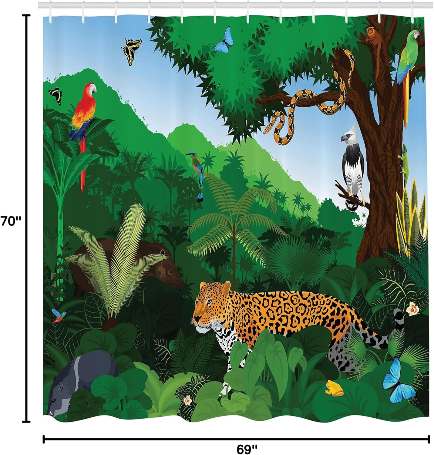 Ambesonne Jaguar Shower Curtain, Animals in Rainforest Exotic Birds Snakes and Tapirs Tropical Jungle Illustration, Cloth Fabric Bathroom Decor Set with Hooks, 69" W x 70" L, Hunter Green