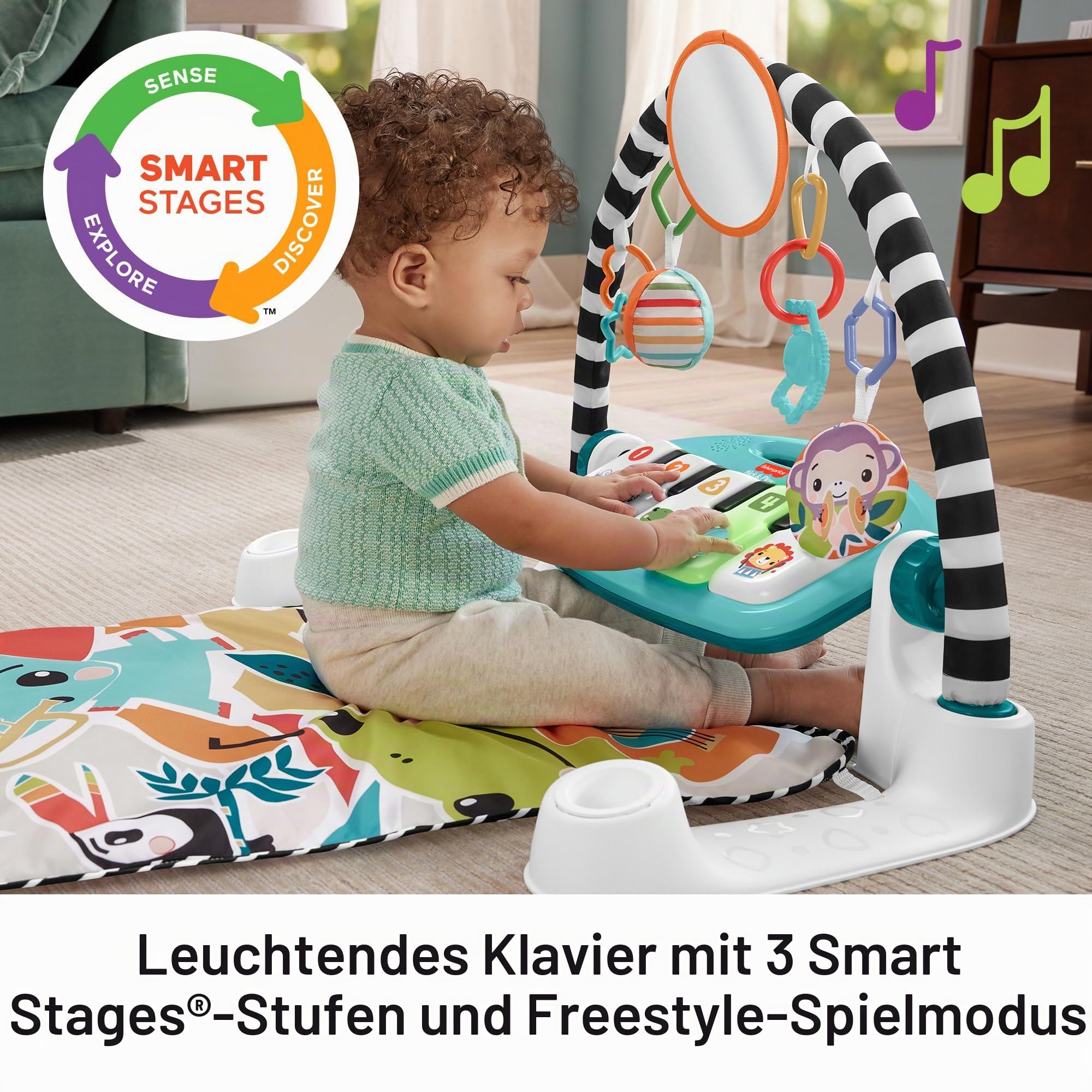 Fisher-Price Baby Activity Mat Glow and Grow Kick & Play Piano Gym, Portable Musical Toy with Smart Stages Learning, Ages 0+ Months, Blue, Queens English Version, HWY58