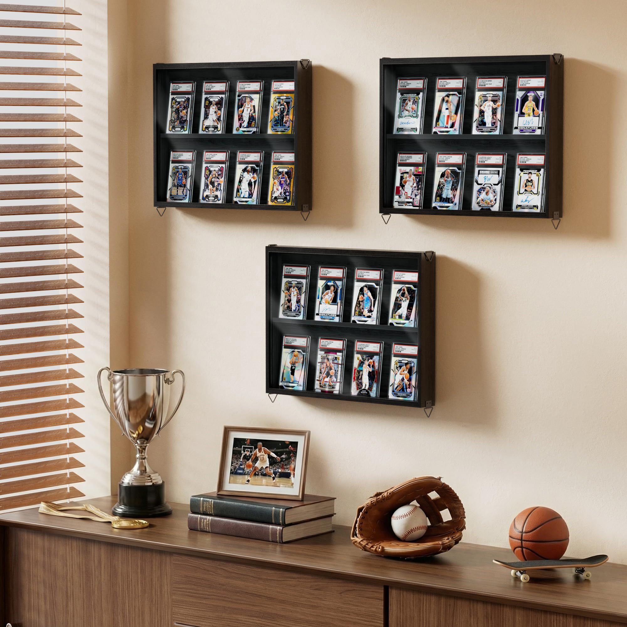 Lot de 3 cadres d'affichage pour cartes à collectionner - Montage mural - En bois - Avec porte transparente HD - Pour cartes de baseball - Pour collection de cartes de sport et cartes - Noir