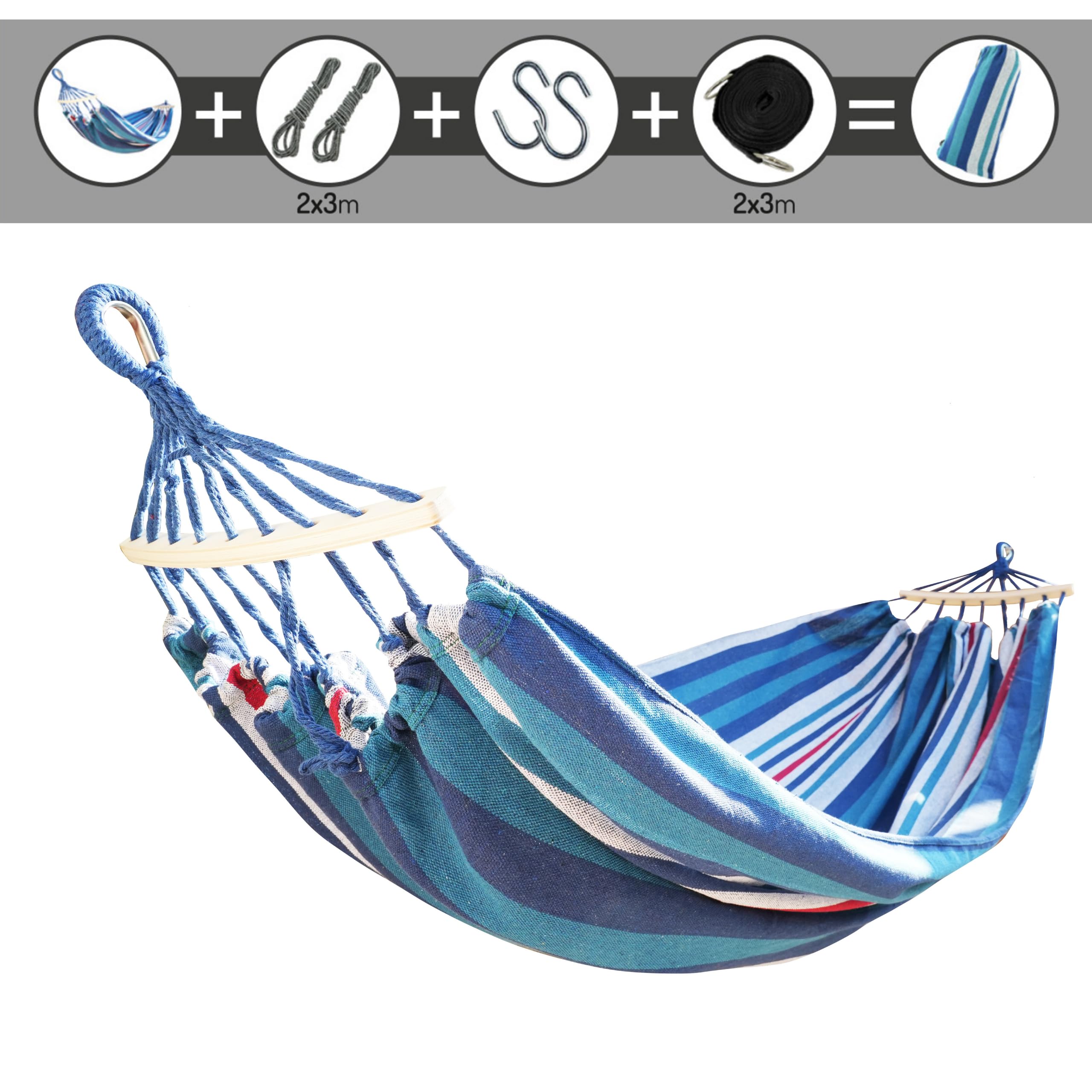 ADLER EUROPE Amaca 2 posti, amaca per esterni in cotone 200x150 cm, portata massima 200 kg, tessuto per amaca resistente e antiabrasione con una densità di 300 g/m², corde robuste.