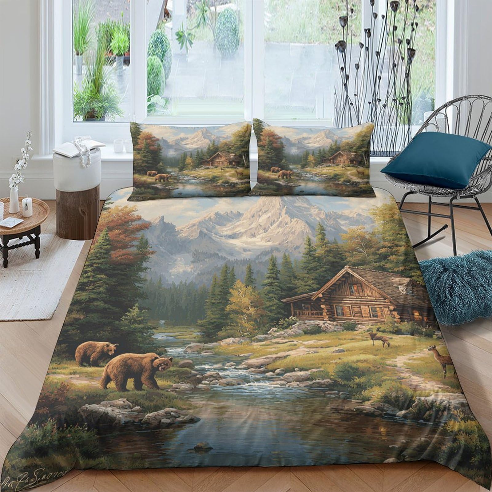 Ctjqhvkz Style-8 3D Printed Mountain Cabin Fitted Sheet Microfiber Soft Bear Forest Mattress Cover Bedroom Decor Machine Washable Single（135X200cm）