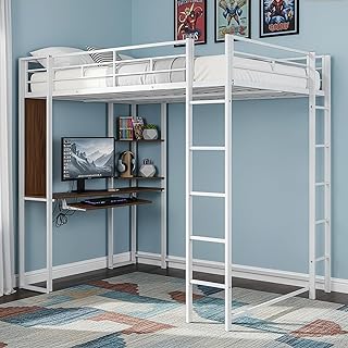 Merax Full Size Metal Loft Bed with 2 Shelves and one Desk,Full Loft Bed...