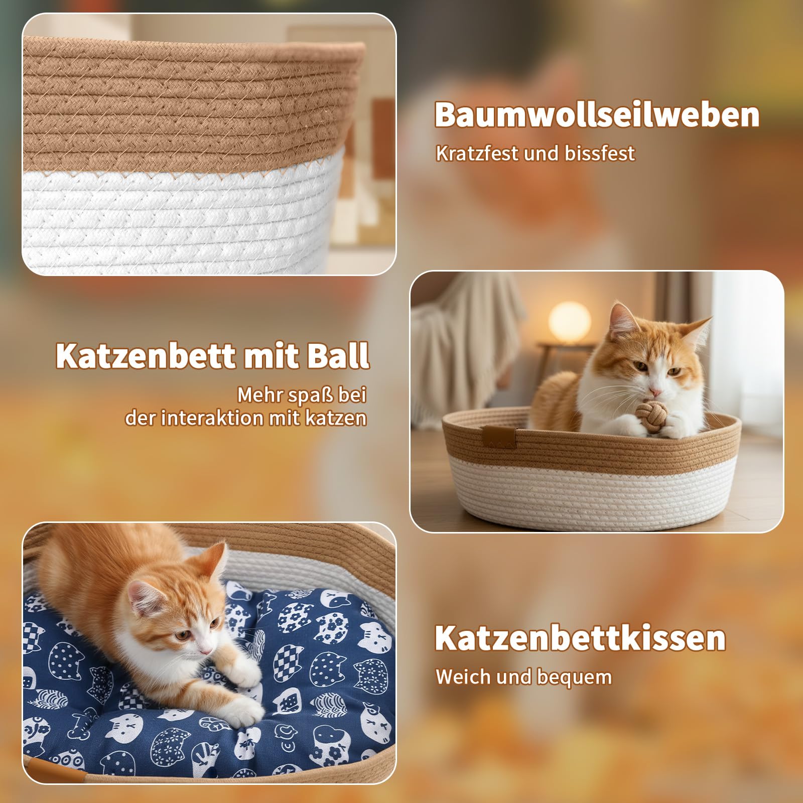 Mittimiya Baumwollseilen Gewebtes Katzenbett mit Kissen, 55 X 40 X 17 cm Krallen-SchleifbestäNdiges Waschbar Katzenkorb, Katzenkorb zum Schlafen für Alle Jahreszeiten Geeignet
